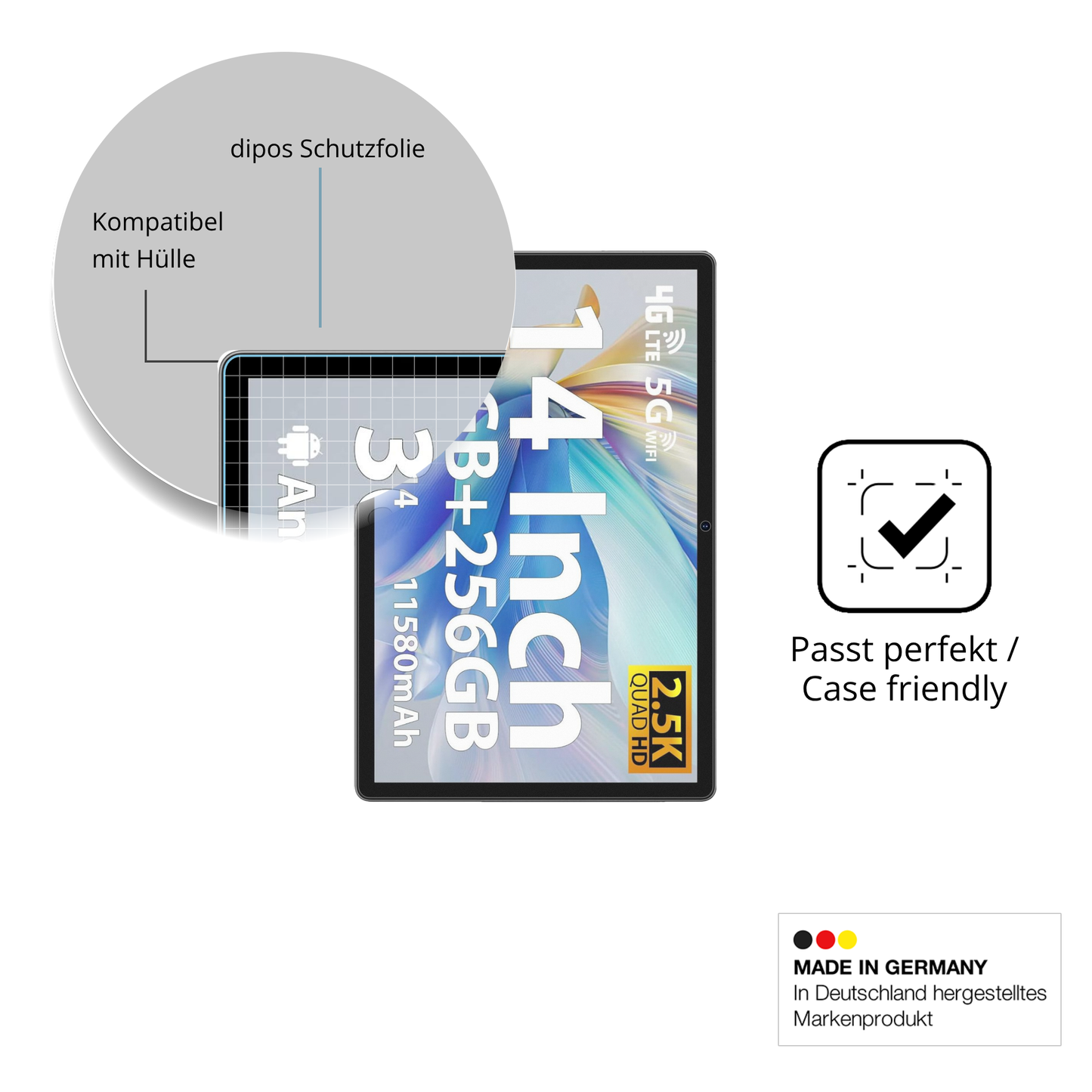 Schutzfolie mit optimaler Passform, zur Verwendung mit Hüllen geeignet