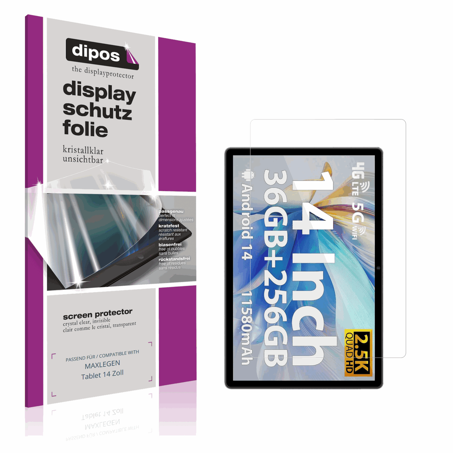 Klare Displayschutzfolie von dipos passend für MAXLEGEN Tablet 14 Zoll, präziser Zuschnitt und blasenfrei montiert