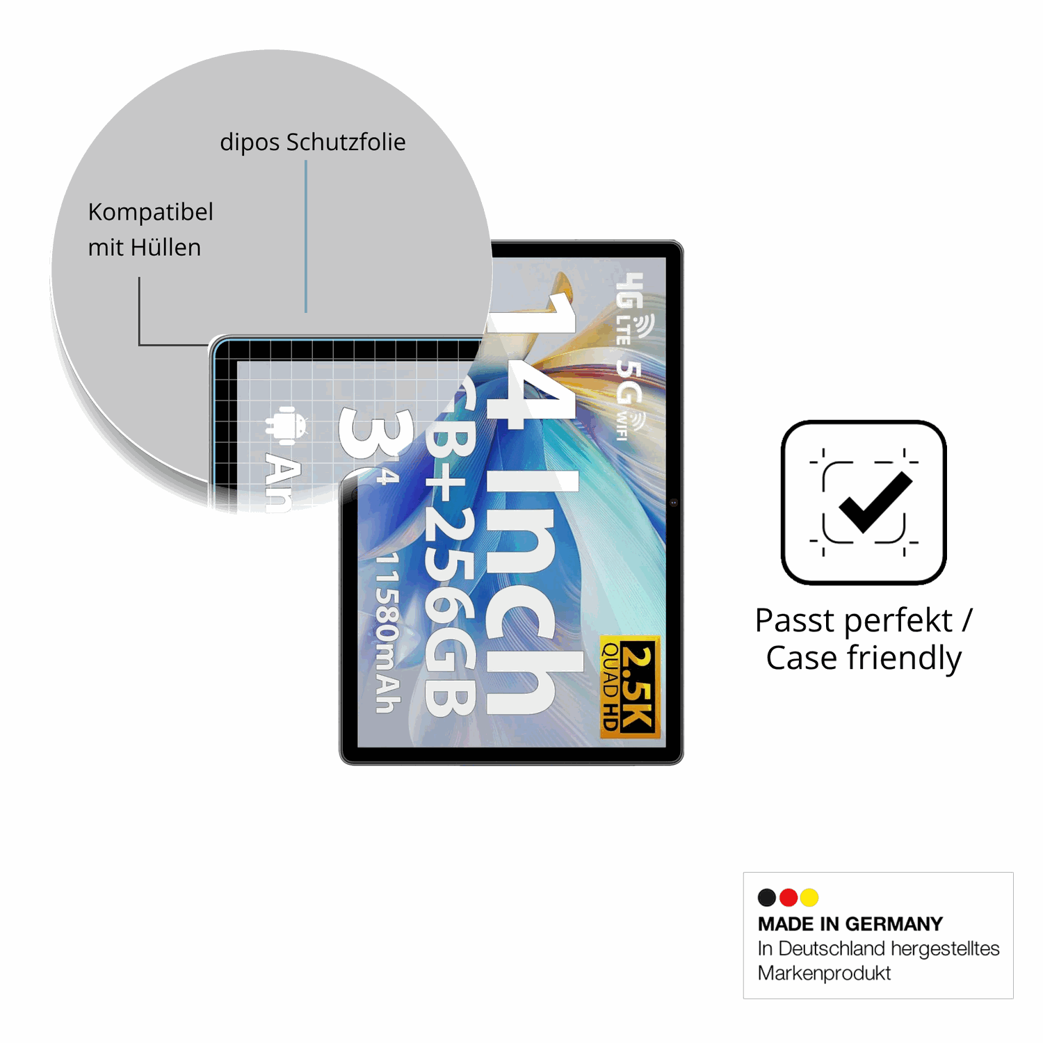 Schutzfolie mit optimaler Passform, zur Verwendung mit Hüllen geeignet