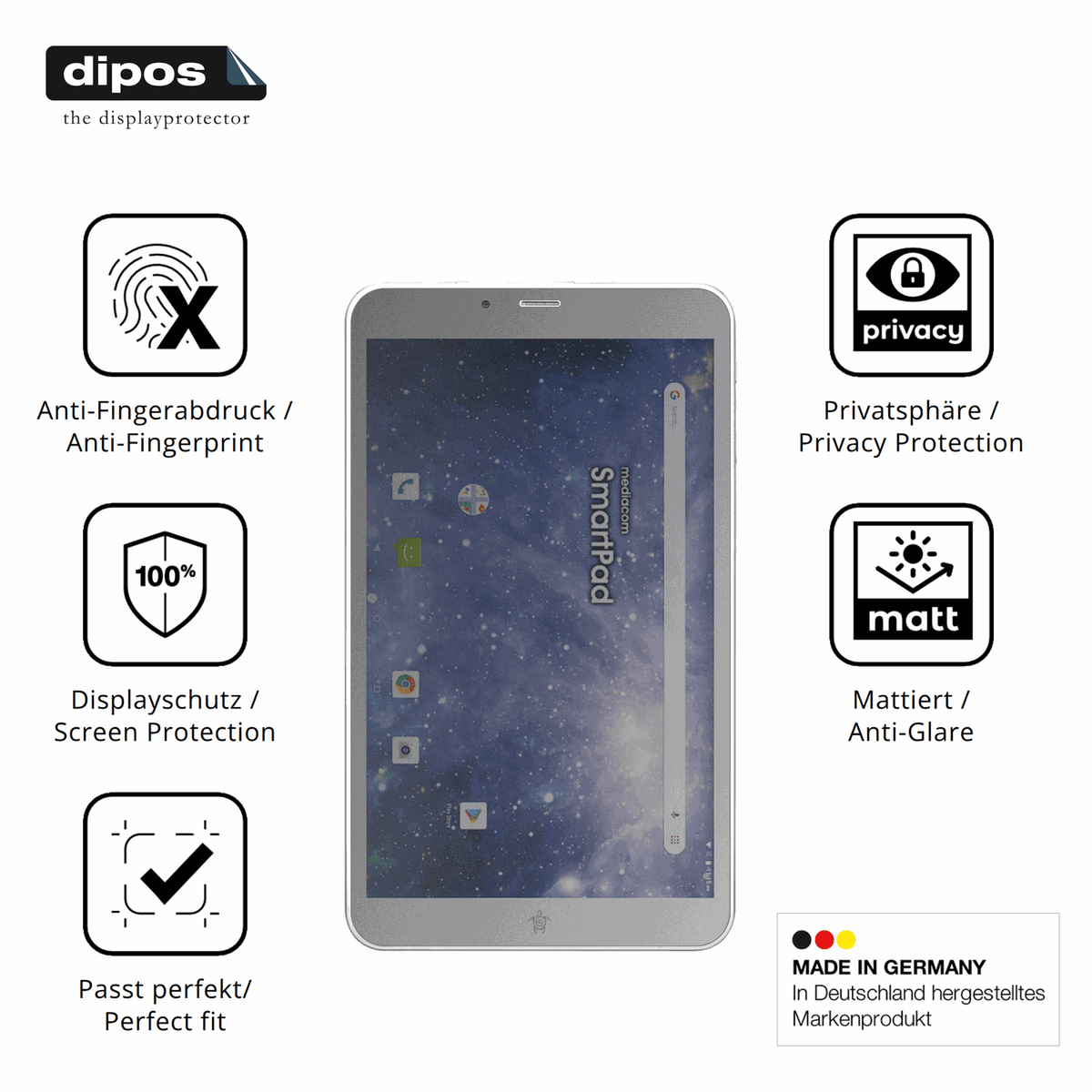 Privatsphäre-Schutz durch Sichtschutz-Folie passend zugeschnitten für Mediacom SmartPad YIO 8