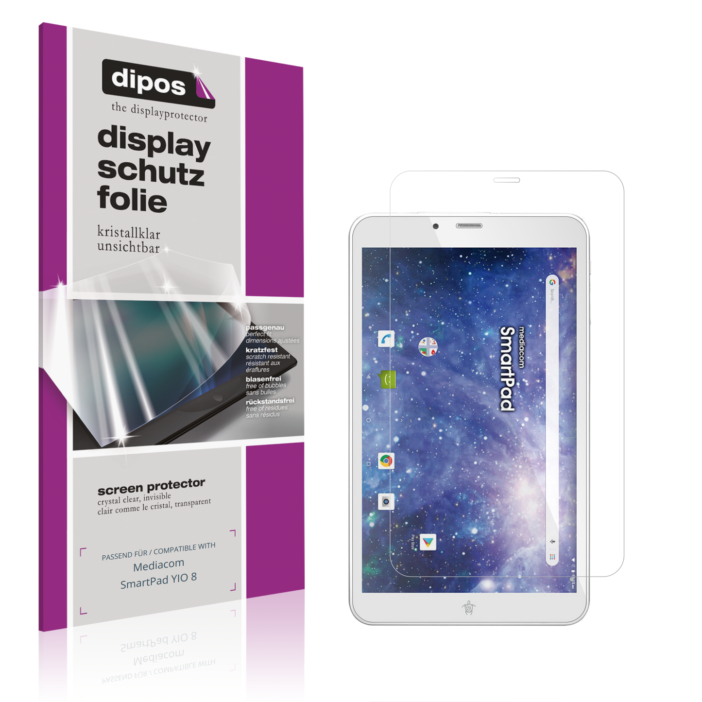 Klare Displayschutzfolie von dipos passend für Mediacom SmartPad YIO 8, präziser Zuschnitt und blasenfrei montiert