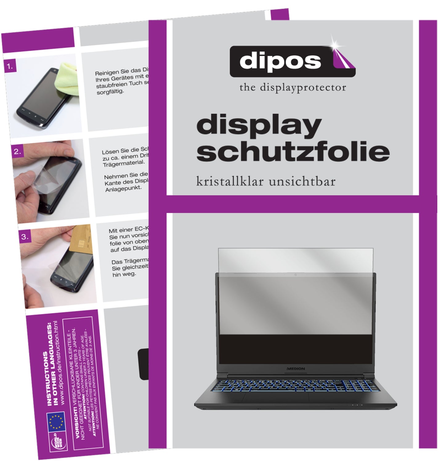 Klare Displayschutzfolie von dipos passend für Medion Erazer Crawler E10, präziser Zuschnitt und blasenfrei montiert