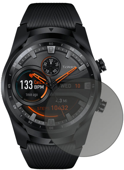 MobvoiTicWatch Pro 4G mit aufgebrachtem dipos Displayschutz, der seitliche Einblicke blockiert
