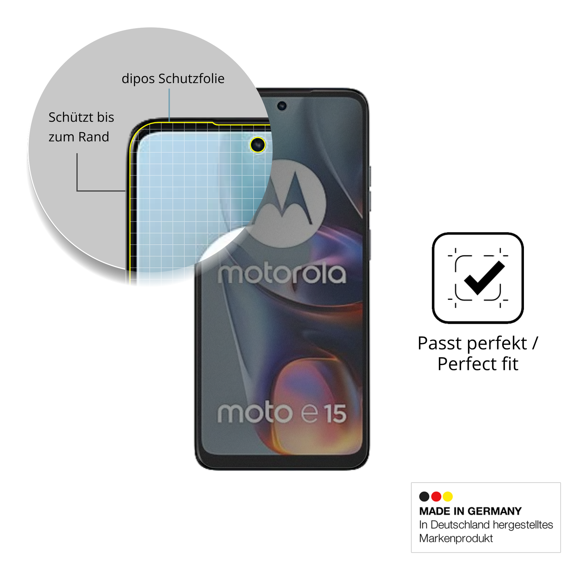 Schutz gegen Kratzer auf dem Motorola E15 Glas durch Schlüssel, Stöße gegen die Tischkante oder Stürze