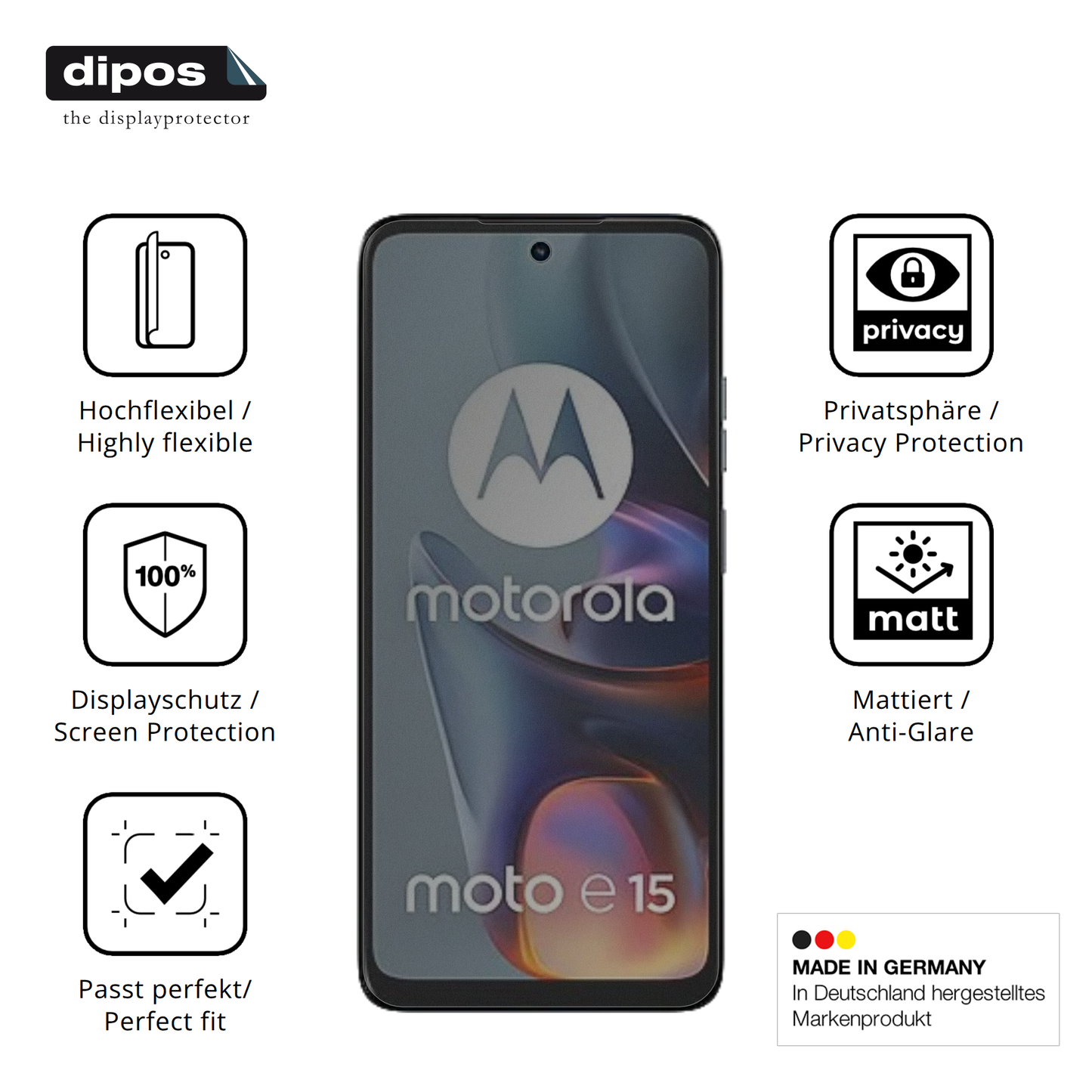 Flexible TPU-Folie passend zugeschnitten für Motorola E15, mit Privatsphäre-Schutz durch Sichtschutz-Folie