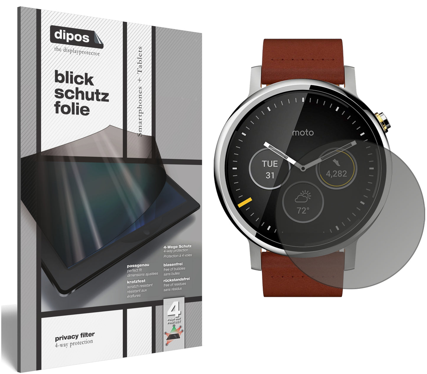 Blickschutzfolie von dipos passend für Motorola Moto 360 (2019), präziser Zuschnitt und blasenfrei montiert