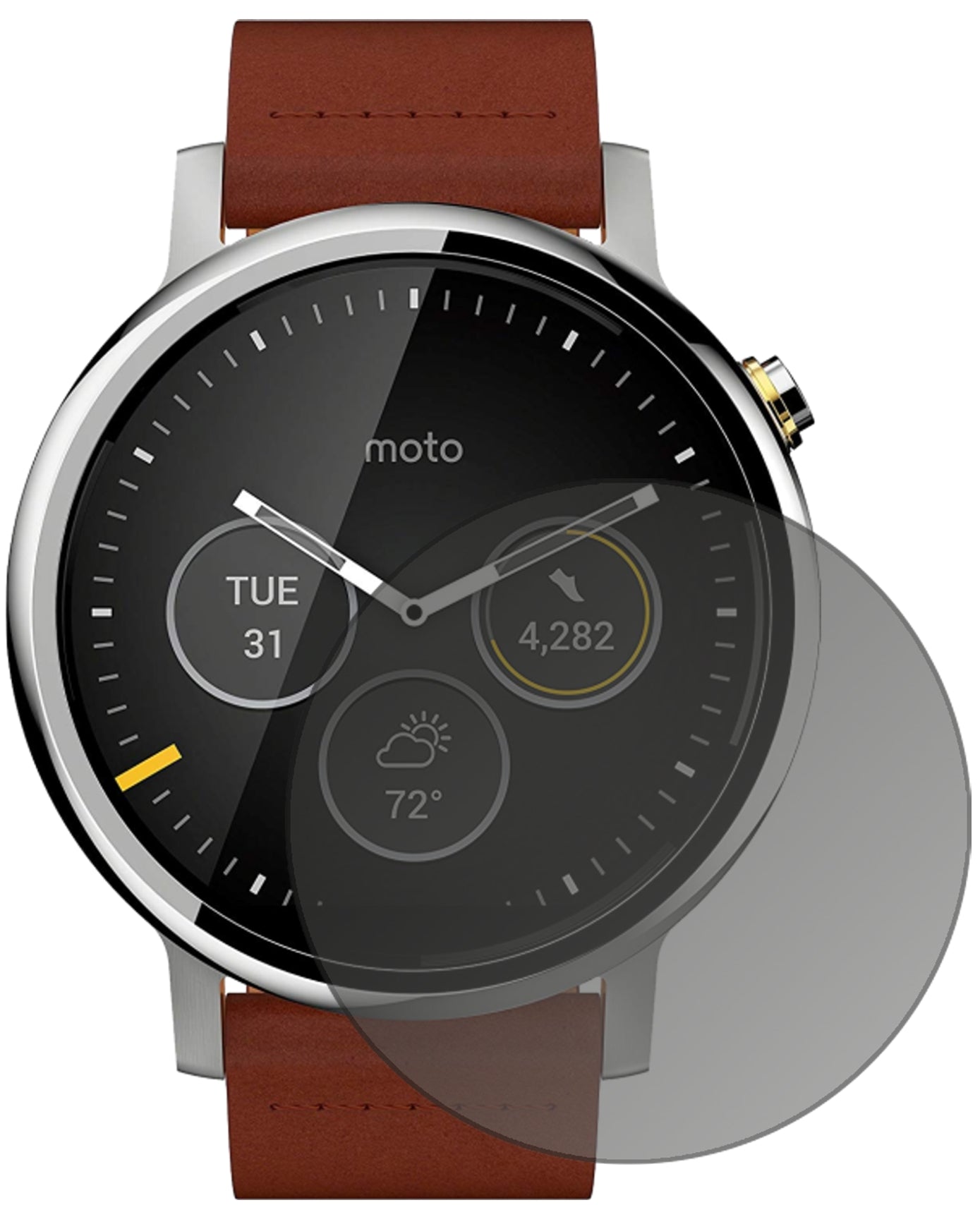 MotorolaMoto 360 (2019) mit aufgebrachtem dipos Displayschutz, der seitliche Einblicke blockiert