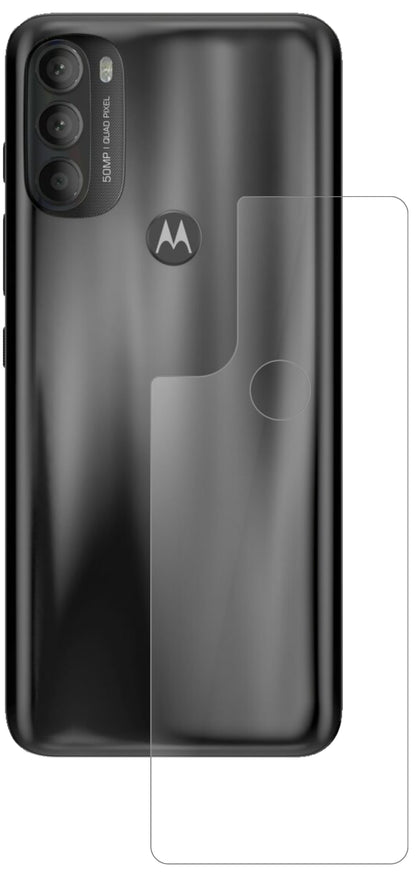 MotorolaMoto G71 Rückseite mit aufgebrachter dipos Panzerfolie, die lästige Fingerabdrücke minimiert