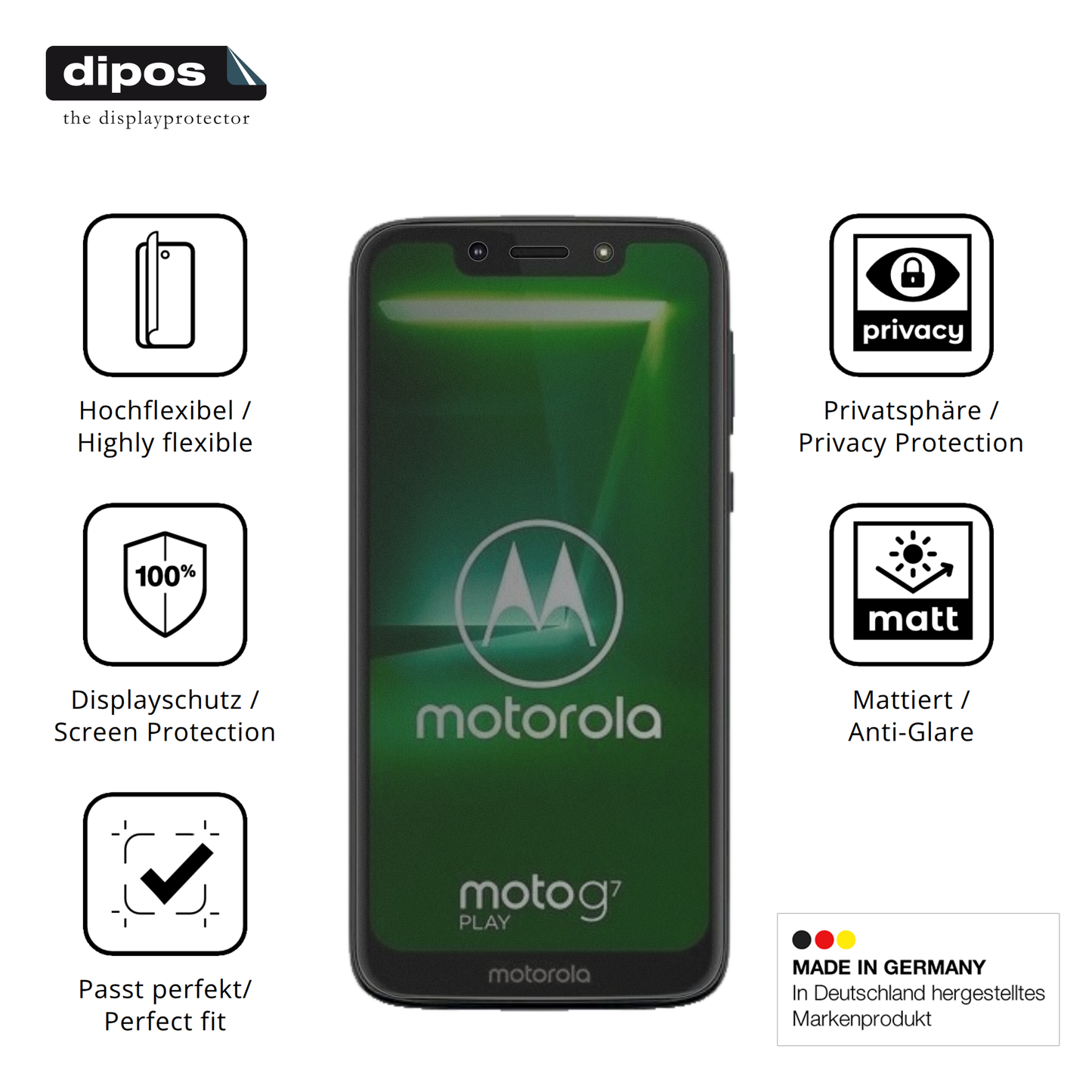 Flexible TPU-Folie passend zugeschnitten für Motorola Moto G7 Play, mit Privatsphäre-Schutz durch Sichtschutz-Folie