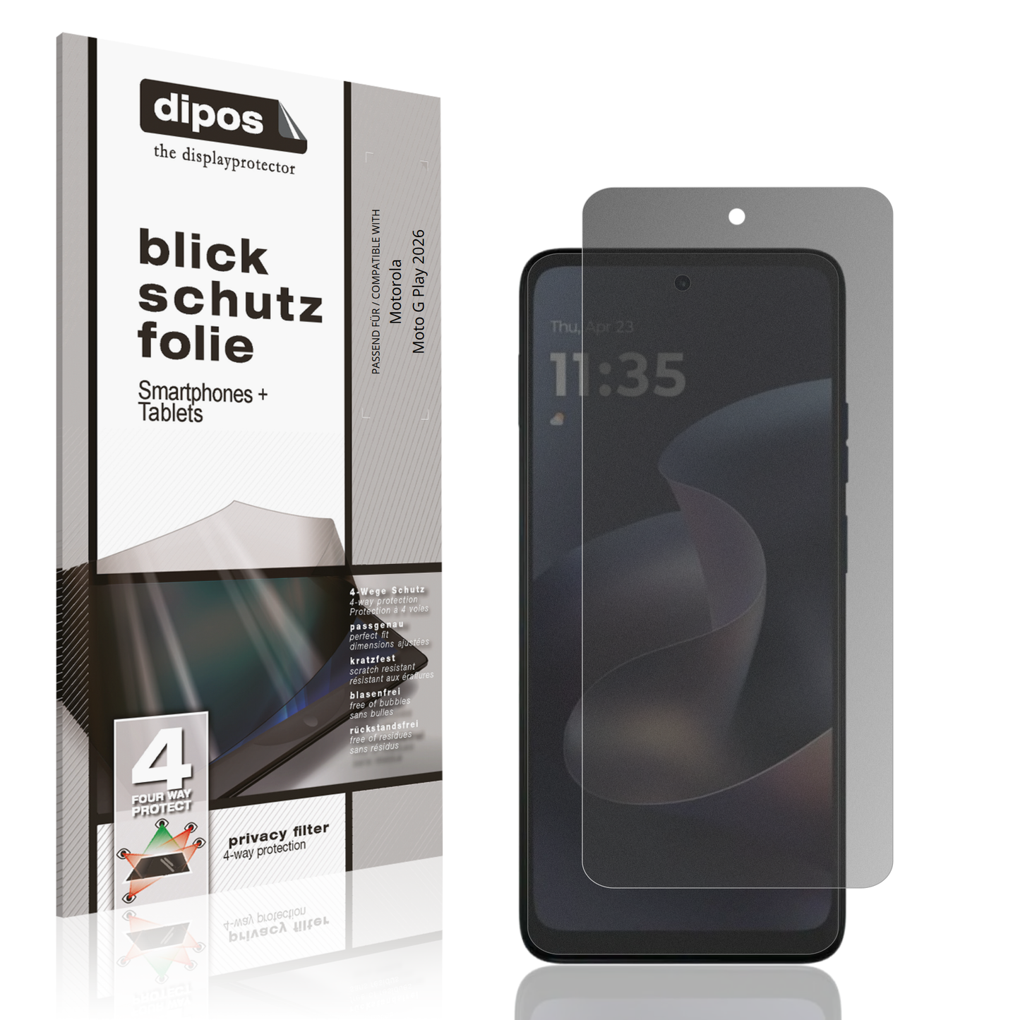 Blickschutzfolie von dipos passend für motorolamoto g play 2026, präziser Zuschnitt und blasenfrei montiert