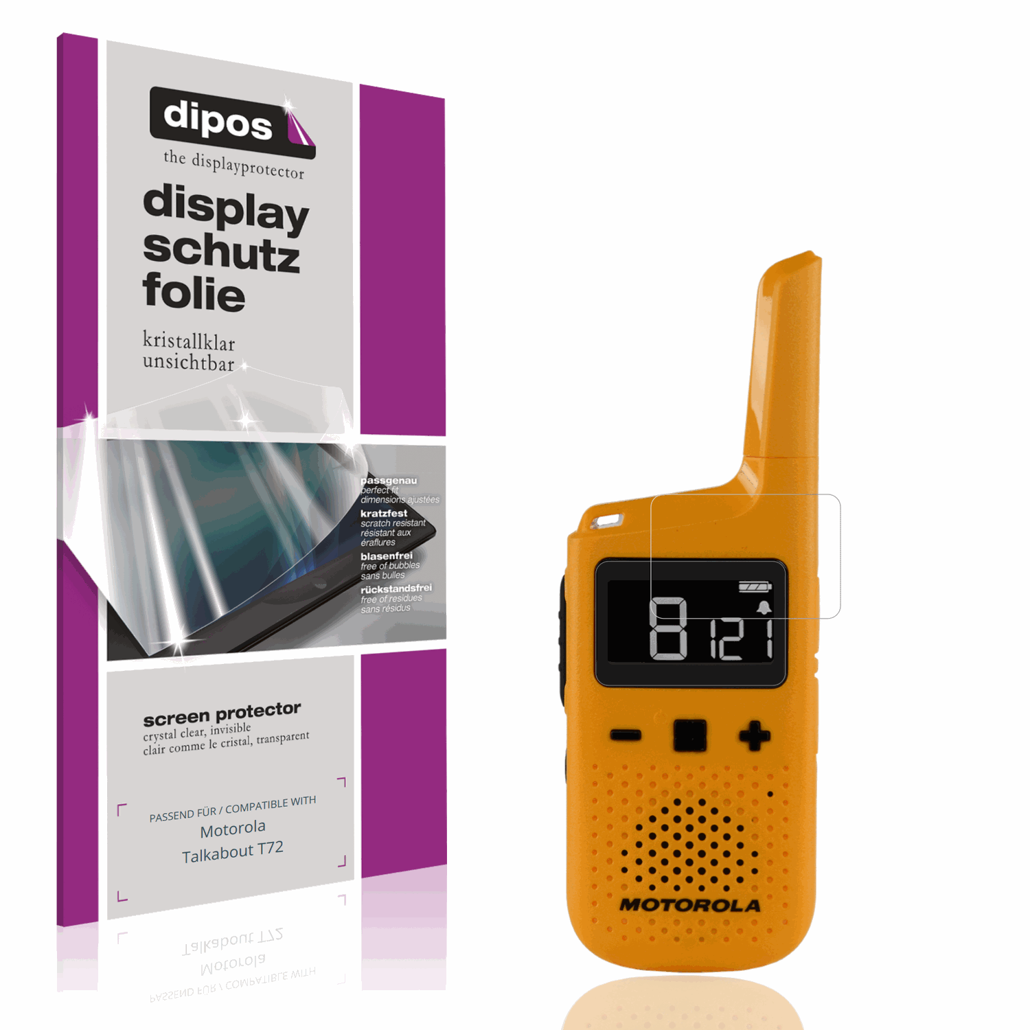 Klare Displayschutzfolie von dipos passend für Motorola Talkabout T72, präziser Zuschnitt und blasenfrei montiert