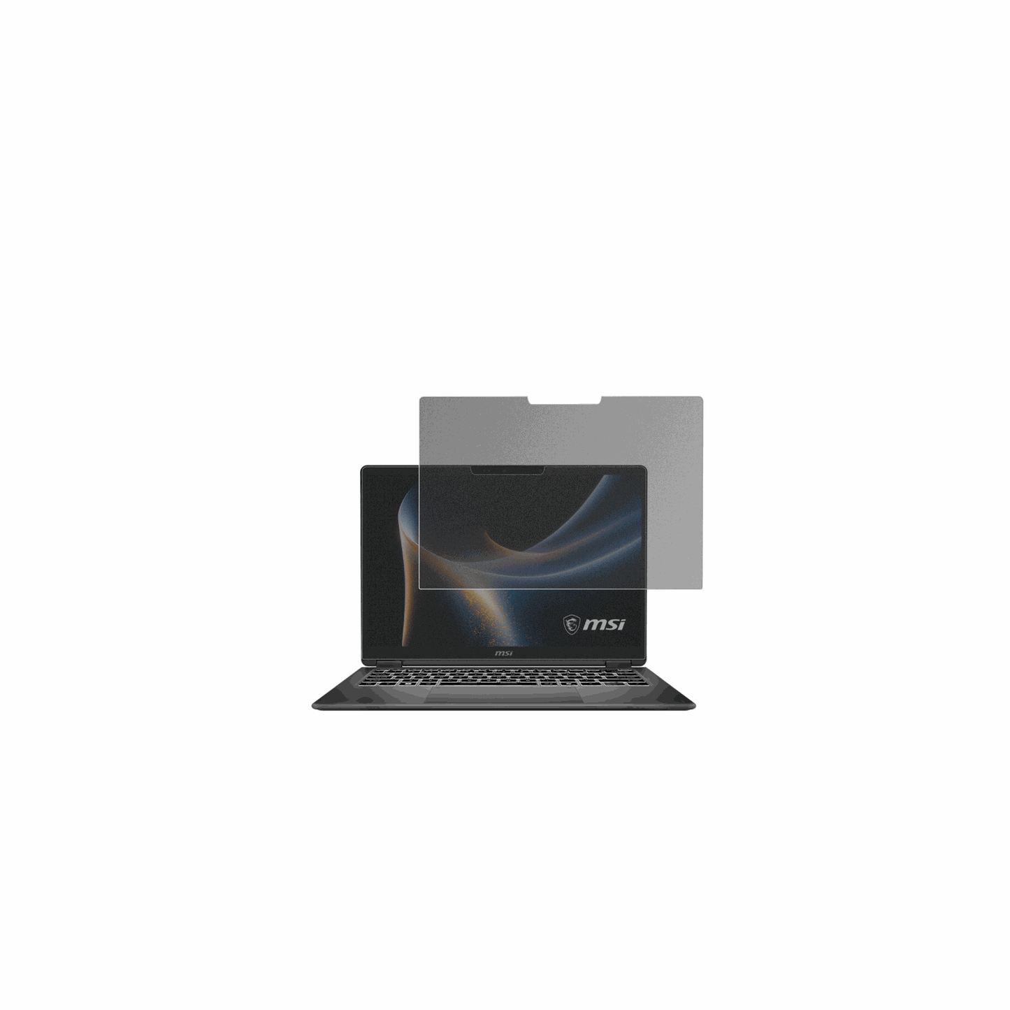 MSIPrestige 14 Flip AI Plus mit aufgebrachtem dipos Displayschutz, der seitliche Einblicke blockiert