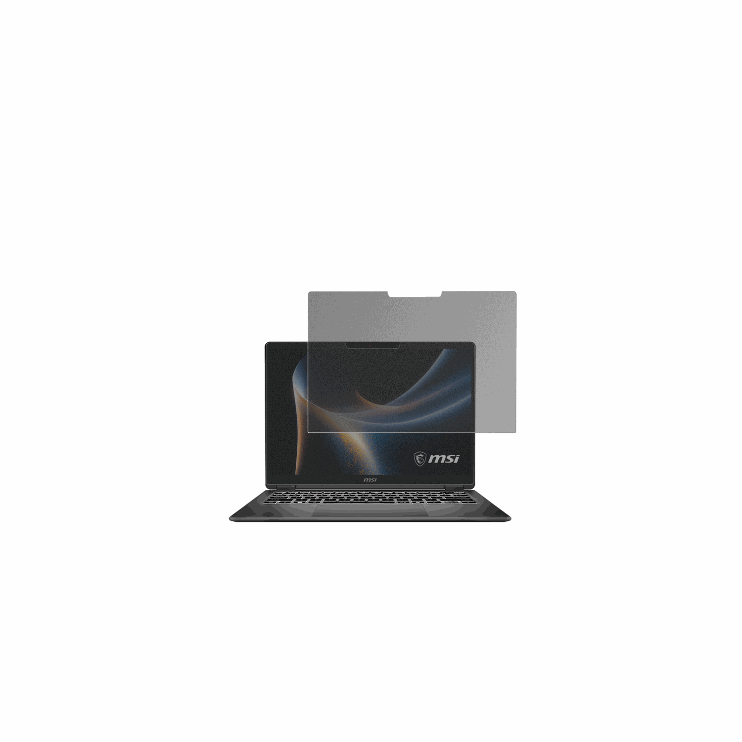 MSIPrestige 14 Flip AI Plus mit aufgebrachtem dipos Displayschutz, der seitliche Einblicke blockiert