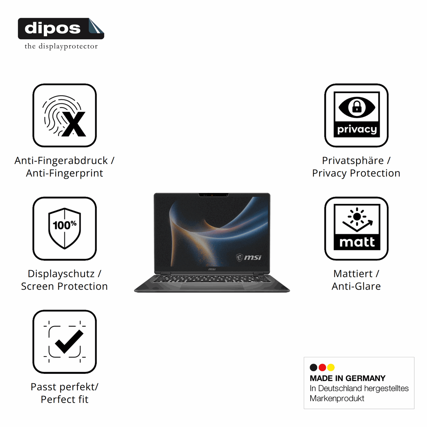 Privatsphäre-Schutz durch Sichtschutz-Folie passend zugeschnitten für MSI Prestige 14 Flip AI Plus