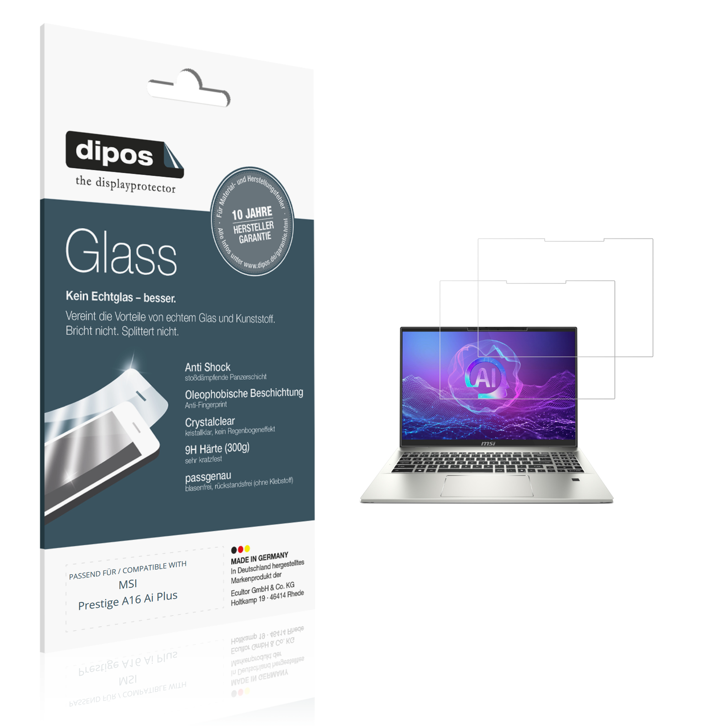 Klare Displayschutzfolie von dipos passend für MSI Prestige A16 Ai Plus, 9H kratzfest und blasenfrei montiert