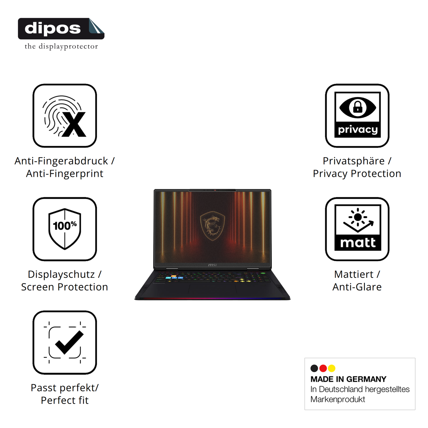 Privatsphäre-Schutz durch Sichtschutz-Folie passend zugeschnitten für MSI Raider 18HX Ai 2025
