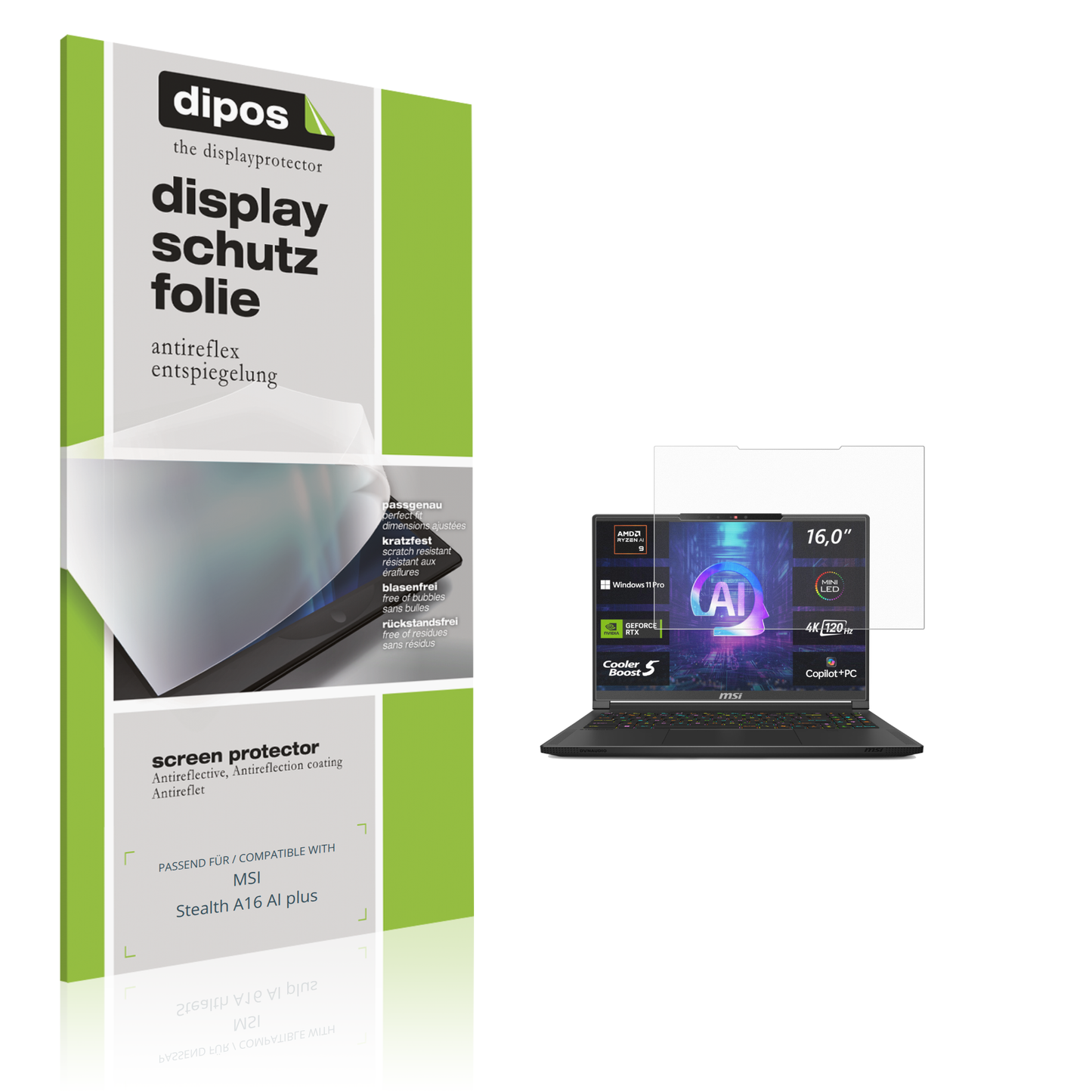 Matte Displayschutzfolie von dipos passend für MSI Stealth A16 AI plus, präziser Zuschnitt und blasenfrei montiert