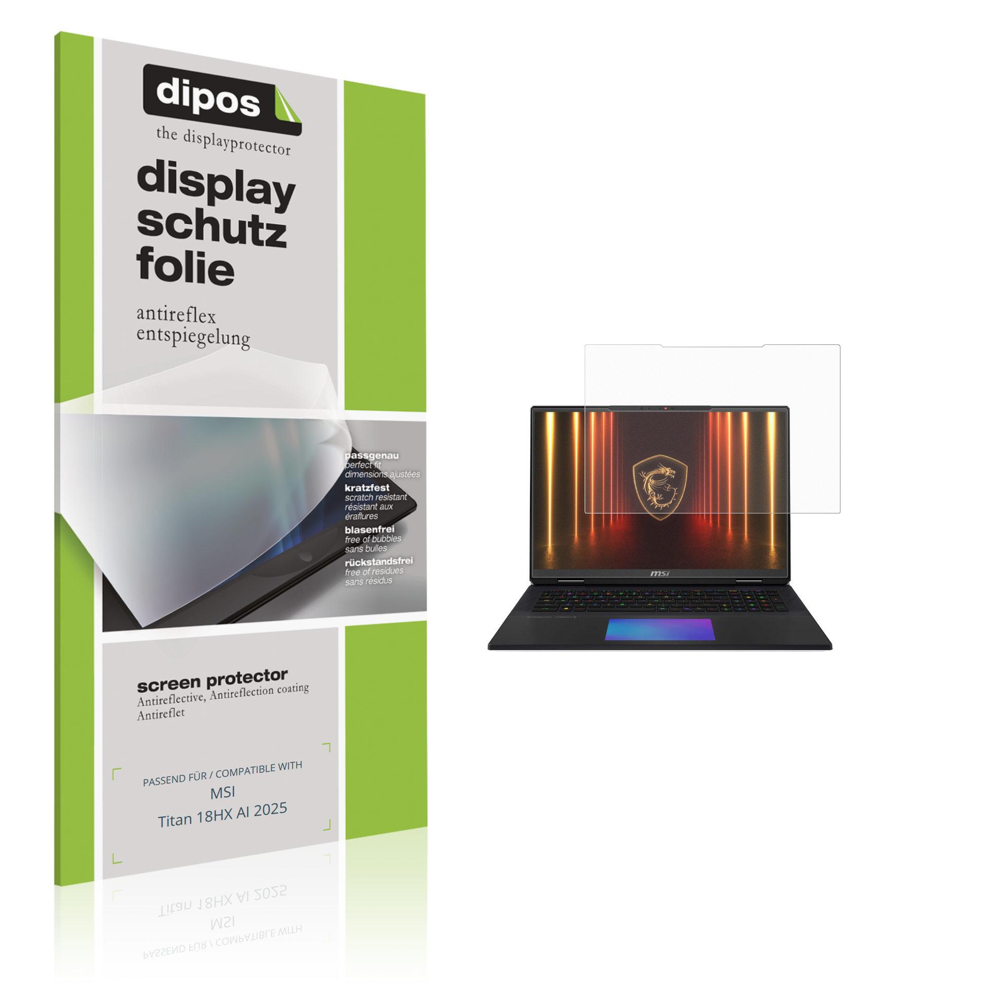 Matte Displayschutzfolie von dipos passend für MSI Titan 18HX AI 2025, präziser Zuschnitt und blasenfrei montiert