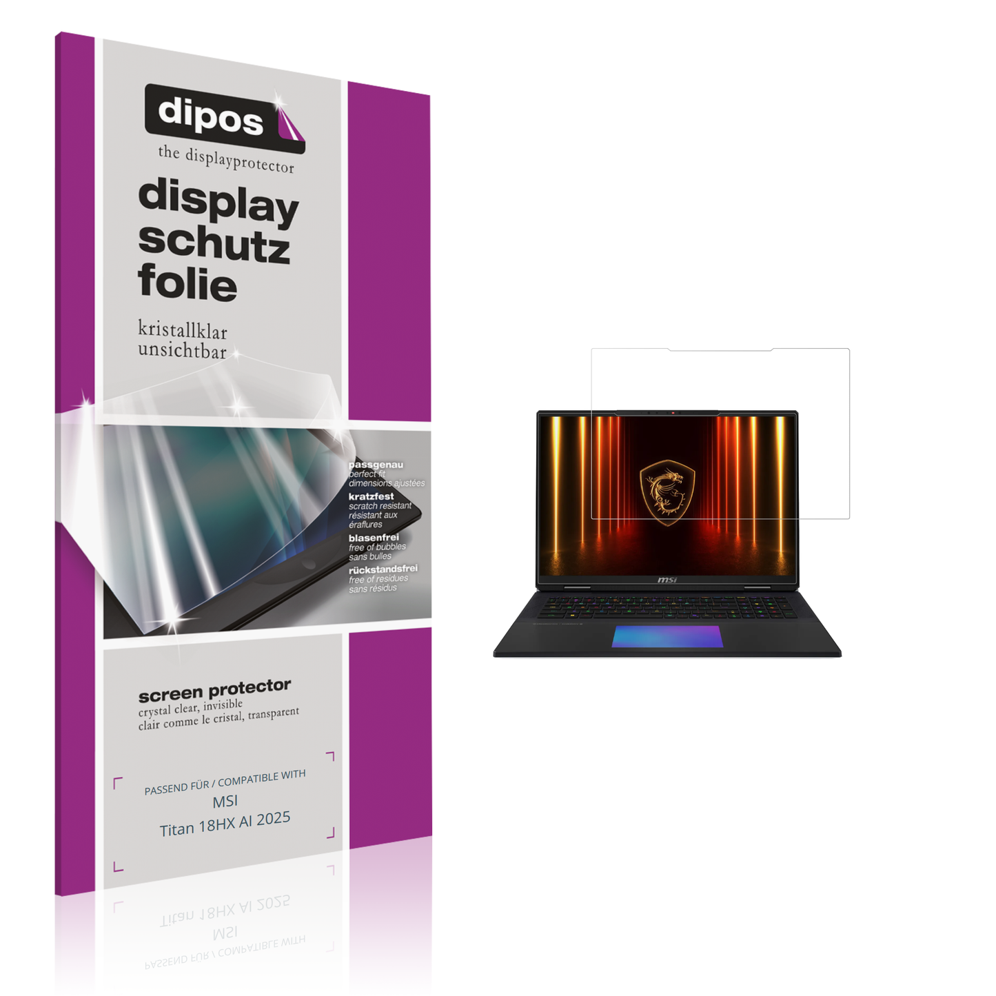 Klare Displayschutzfolie von dipos passend für MSI Titan 18HX AI 2025, präziser Zuschnitt und blasenfrei montiert
