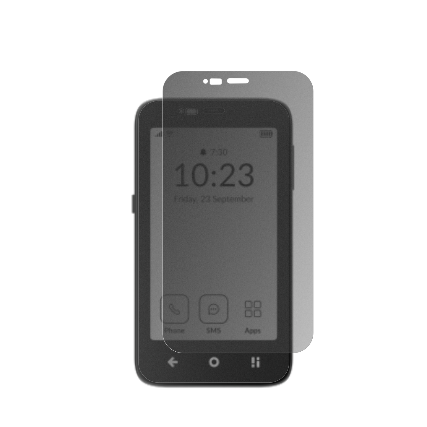 muditacompact mit aufgebrachtem dipos Displayschutz, der seitliche Einblicke blockiert