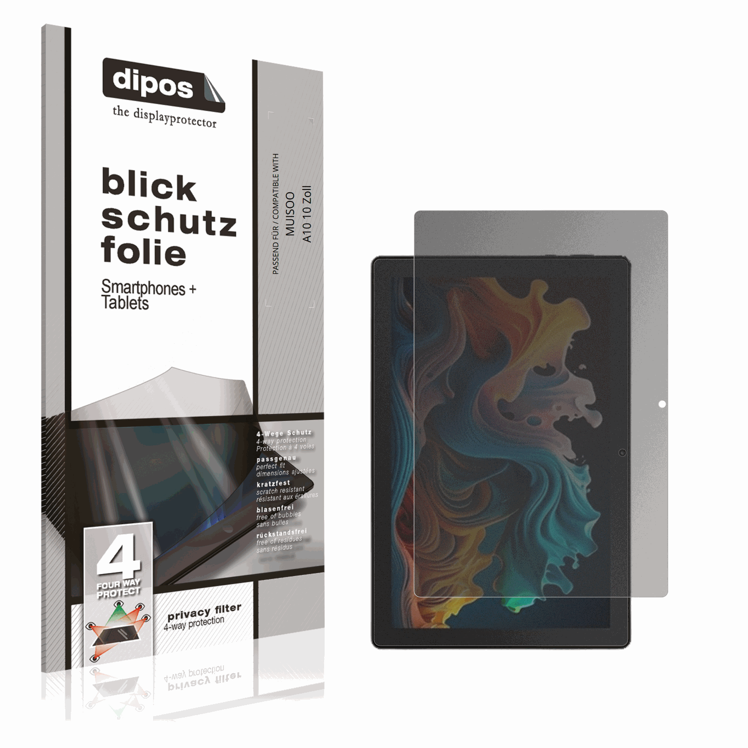 Blickschutzfolie von dipos passend für MUISOO A10 10 Zoll, präziser Zuschnitt und blasenfrei montiert