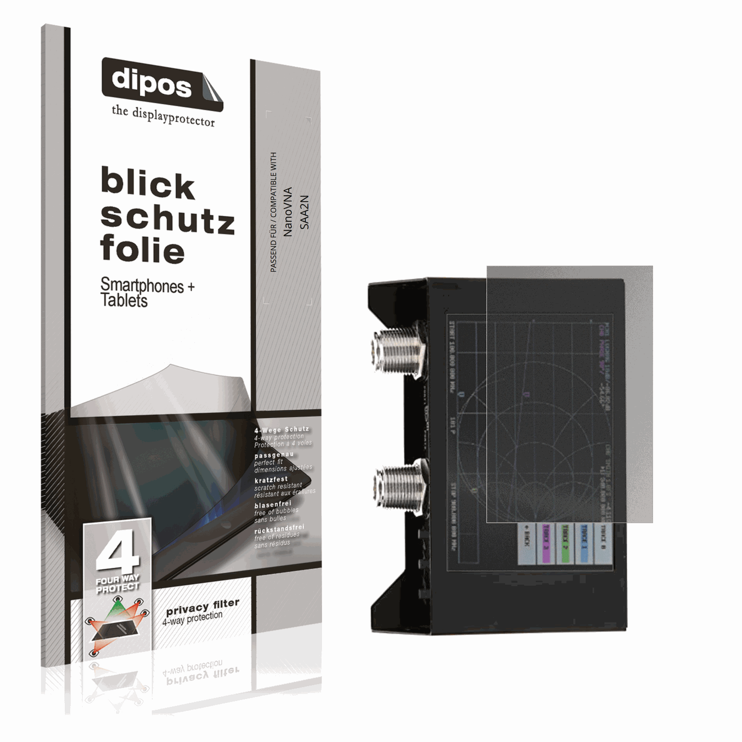 Blickschutzfolie von dipos passend für NanoVNA SAA2N, präziser Zuschnitt und blasenfrei montiert