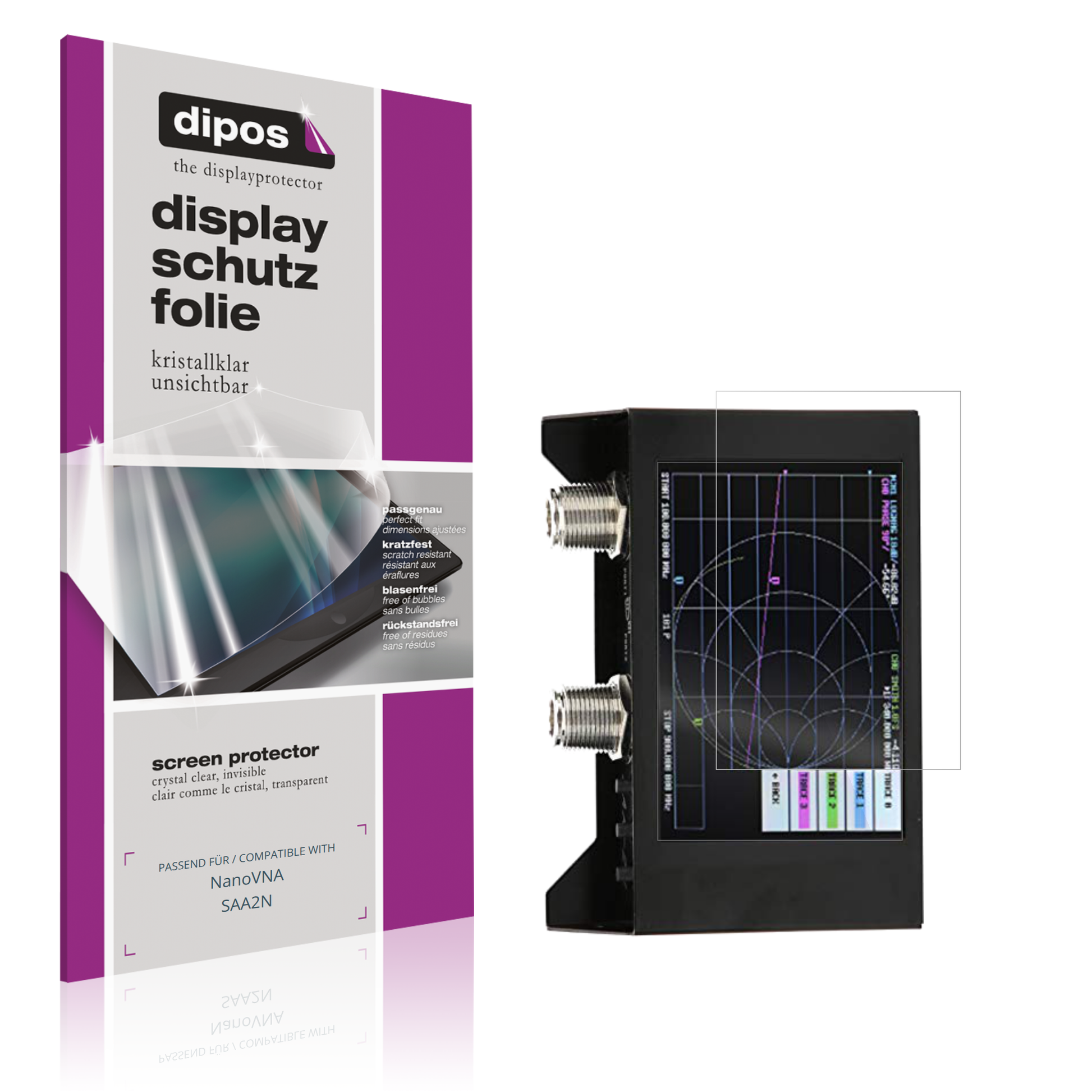 Klare Displayschutzfolie von dipos passend für NanoVNA SAA2N, präziser Zuschnitt und blasenfrei montiert