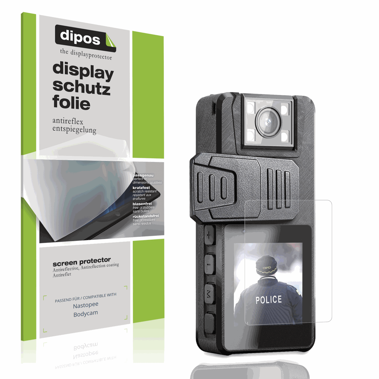 Matte Displayschutzfolie von dipos passend für Nastopee Bodycam, präziser Zuschnitt und blasenfrei montiert