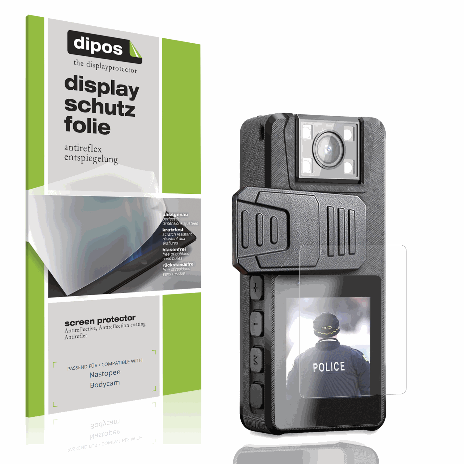 Matte Displayschutzfolie von dipos passend für Nastopee Bodycam, präziser Zuschnitt und blasenfrei montiert