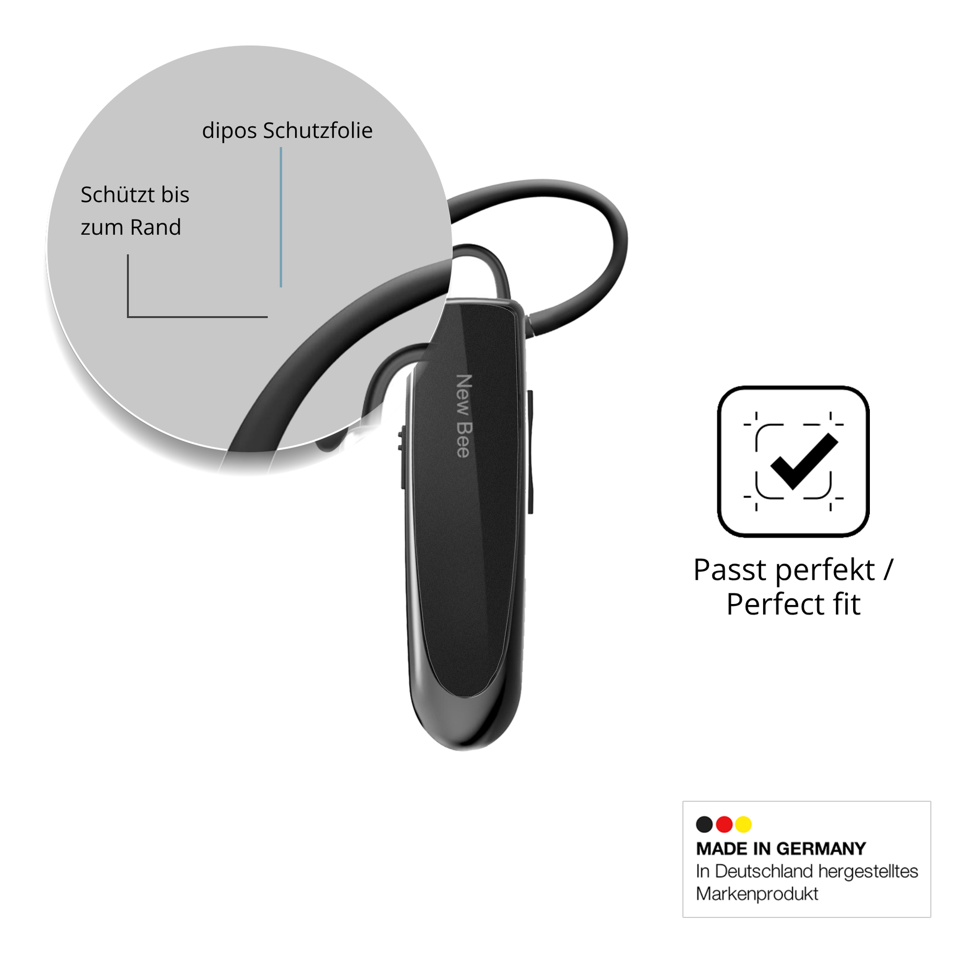 Schutz gegen Kratzer auf dem New Bee Bluetooth Headset Glas durch Schlüssel oder Ähnliches
