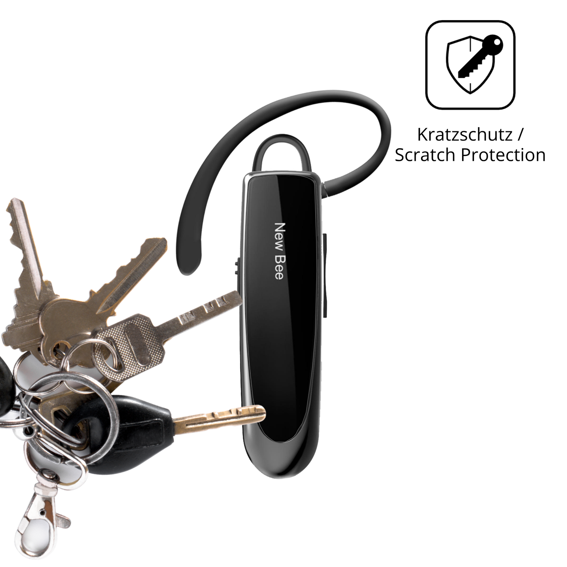 Schutz gegen Kratzer auf dem New Bee Bluetooth Headset Glas durch Schlüssel oder Ähnliches