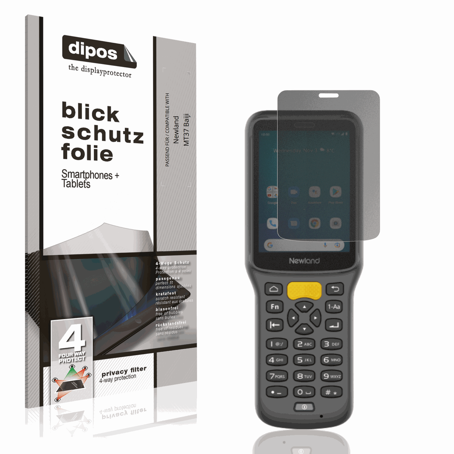 Blickschutzfolie von dipos passend für Newland MT37 Baiji, präziser Zuschnitt und blasenfrei montiert