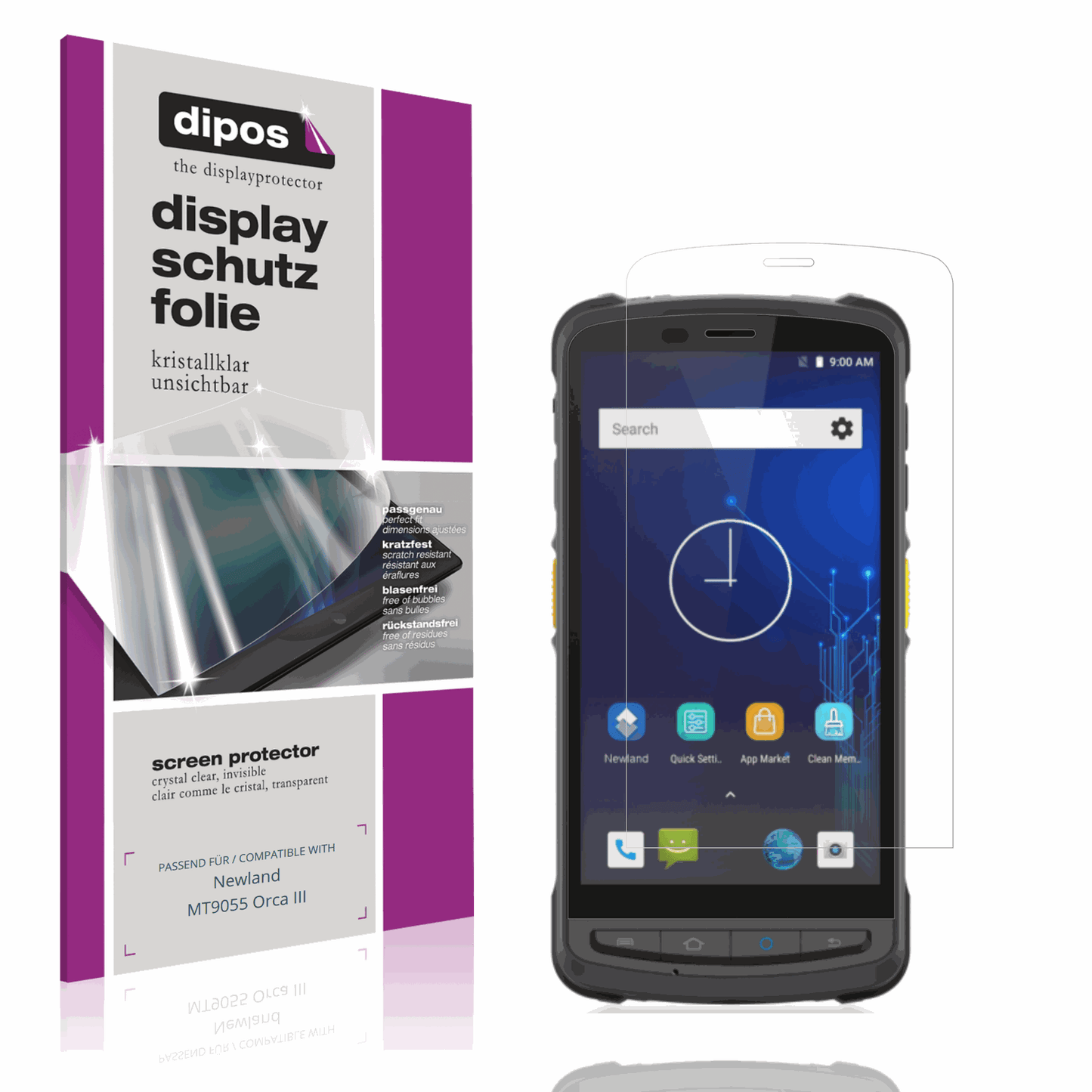 Klare Displayschutzfolie von dipos passend für Newland MT9055 Orca III, präziser Zuschnitt und blasenfrei montiert