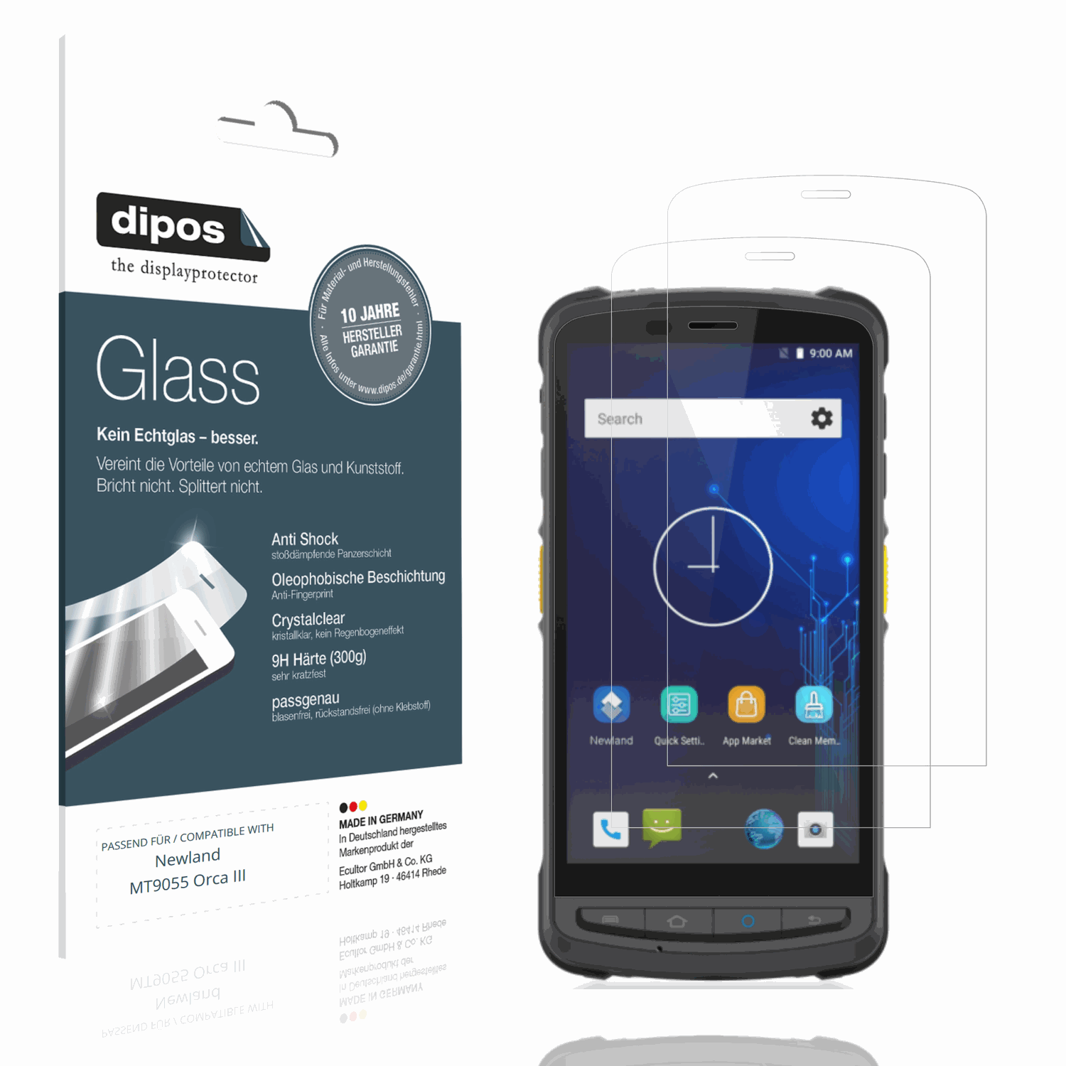 Klare Displayschutzfolie von dipos passend für Newland MT9055 Orca III, 9H kratzfest und blasenfrei montiert