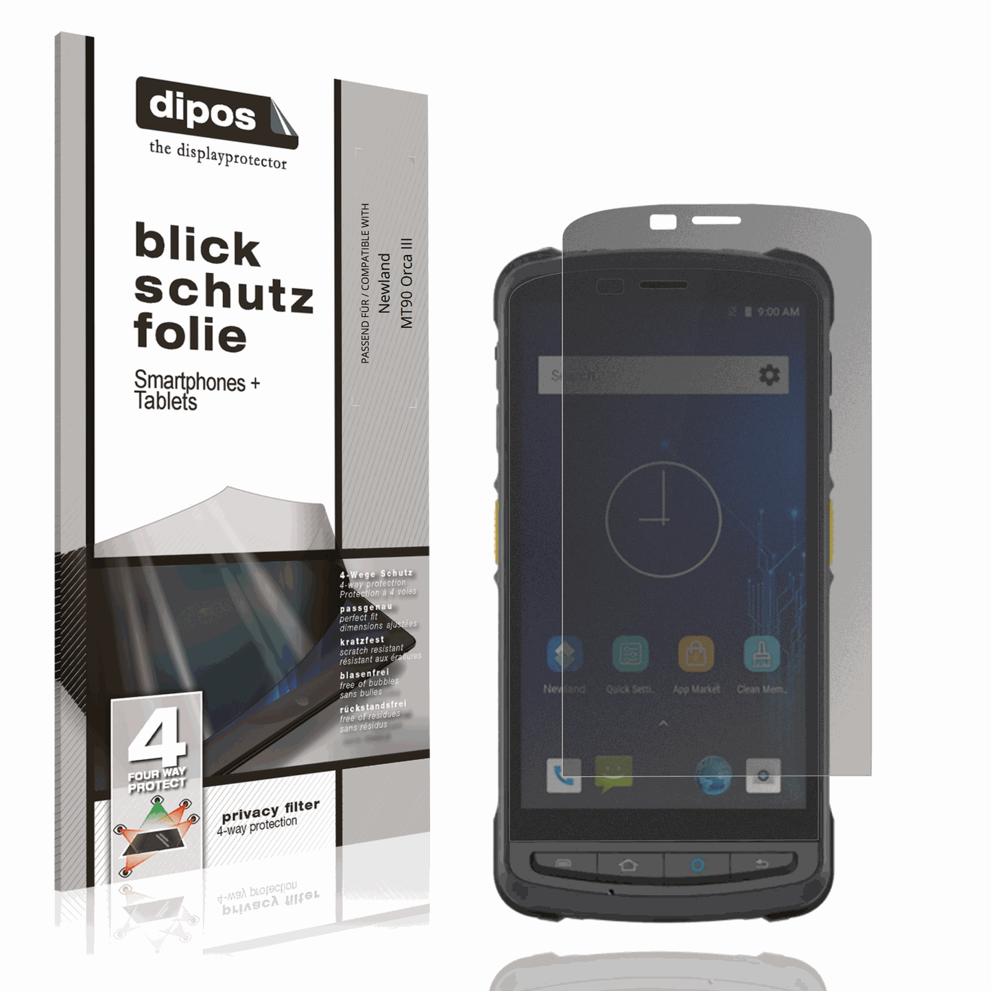 Blickschutzfolie von dipos passend für Newland MT90 Orca III, präziser Zuschnitt und blasenfrei montiert