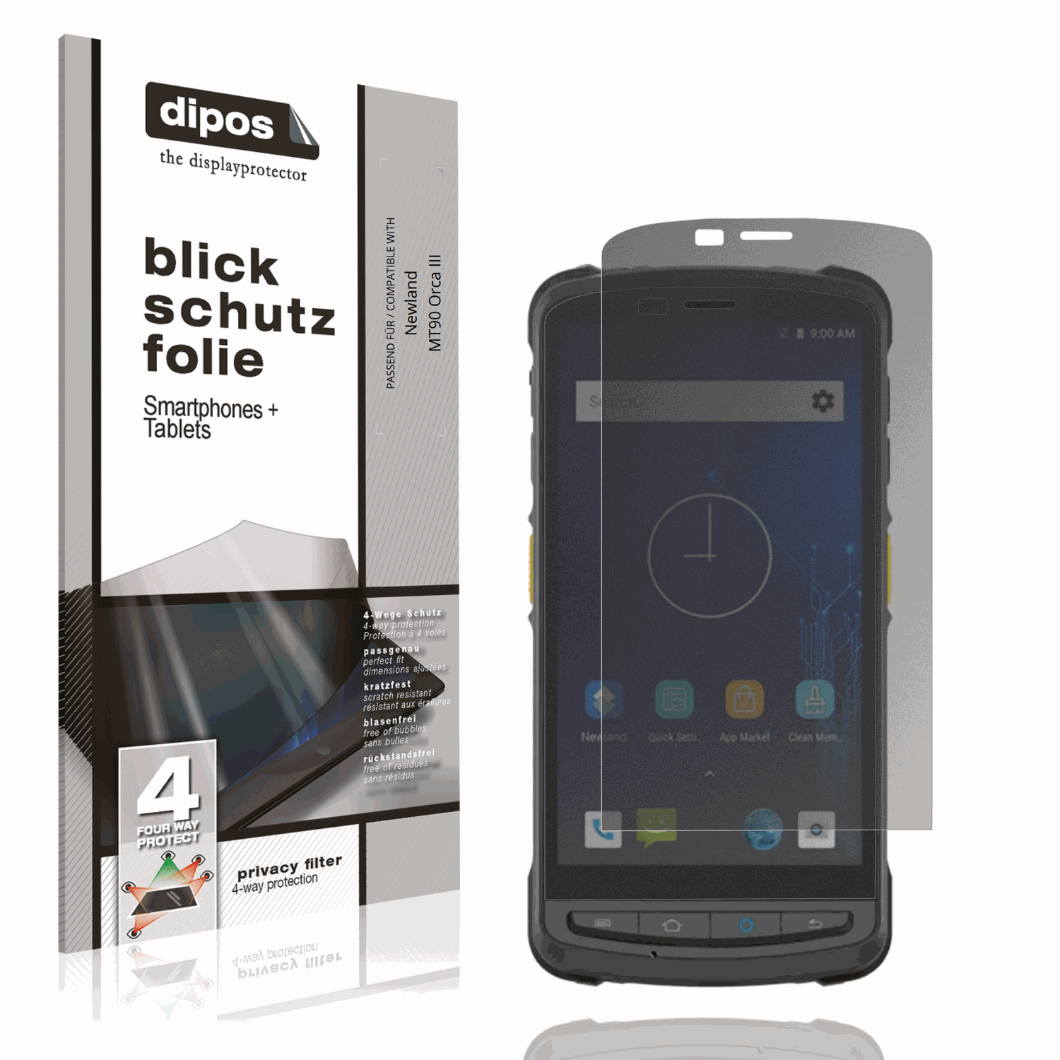 Blickschutzfolie von dipos passend für Newland MT90 Orca III, präziser Zuschnitt und blasenfrei montiert