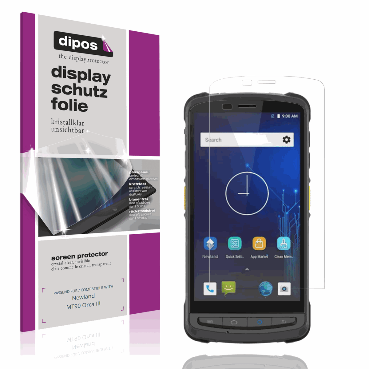 Klare Displayschutzfolie von dipos passend für Newland MT90 Orca III, präziser Zuschnitt und blasenfrei montiert
