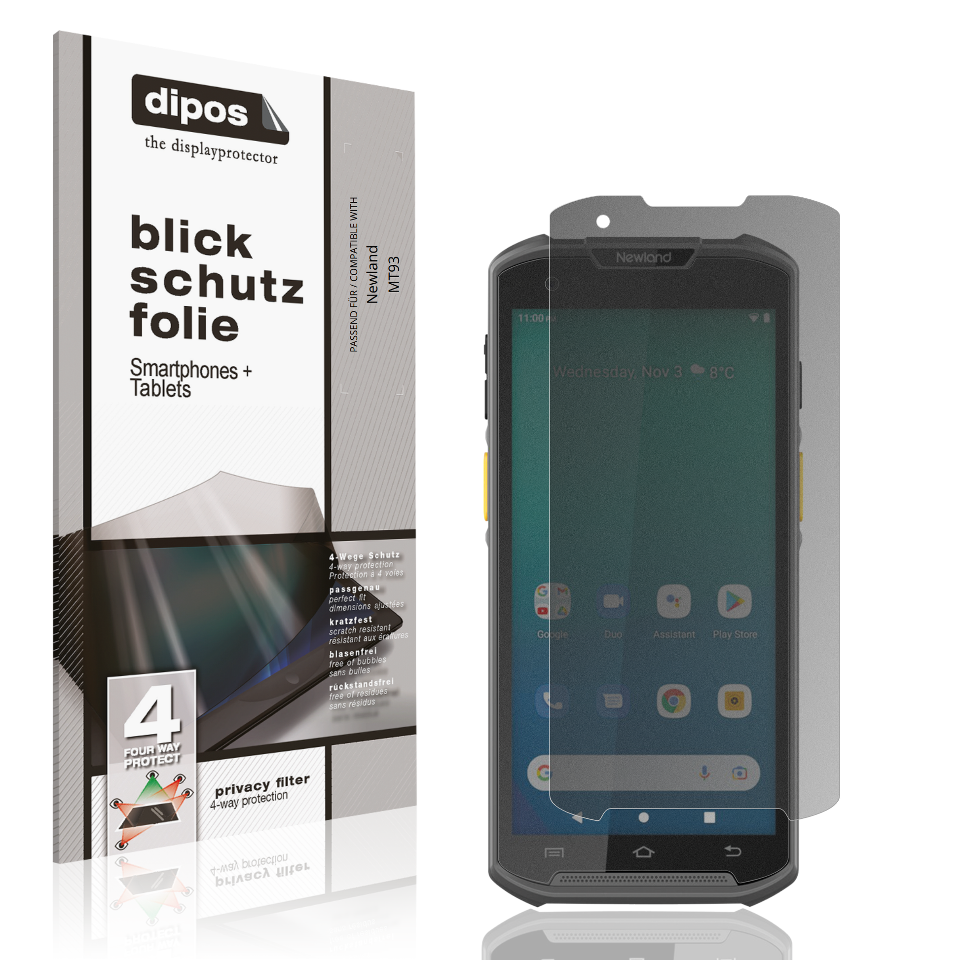 Blickschutzfolie von dipos passend für Newland MT93, präziser Zuschnitt und blasenfrei montiert