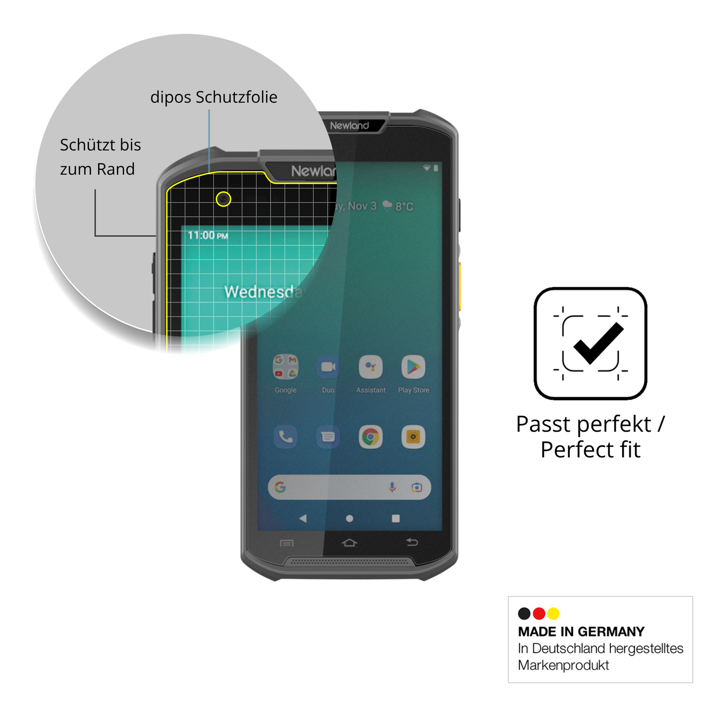 Schutz gegen Kratzer auf dem Newland MT93 Glas durch Schlüssel oder Ähnliches