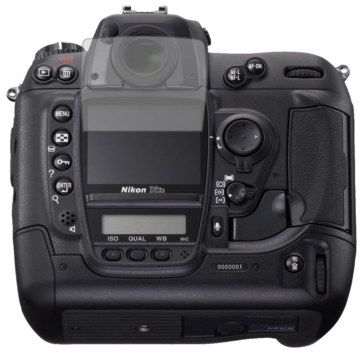 NikonD2X mit aufgebrachter dipos Displayschutzfolie, die lästige Fingerabdrücke minimiert
