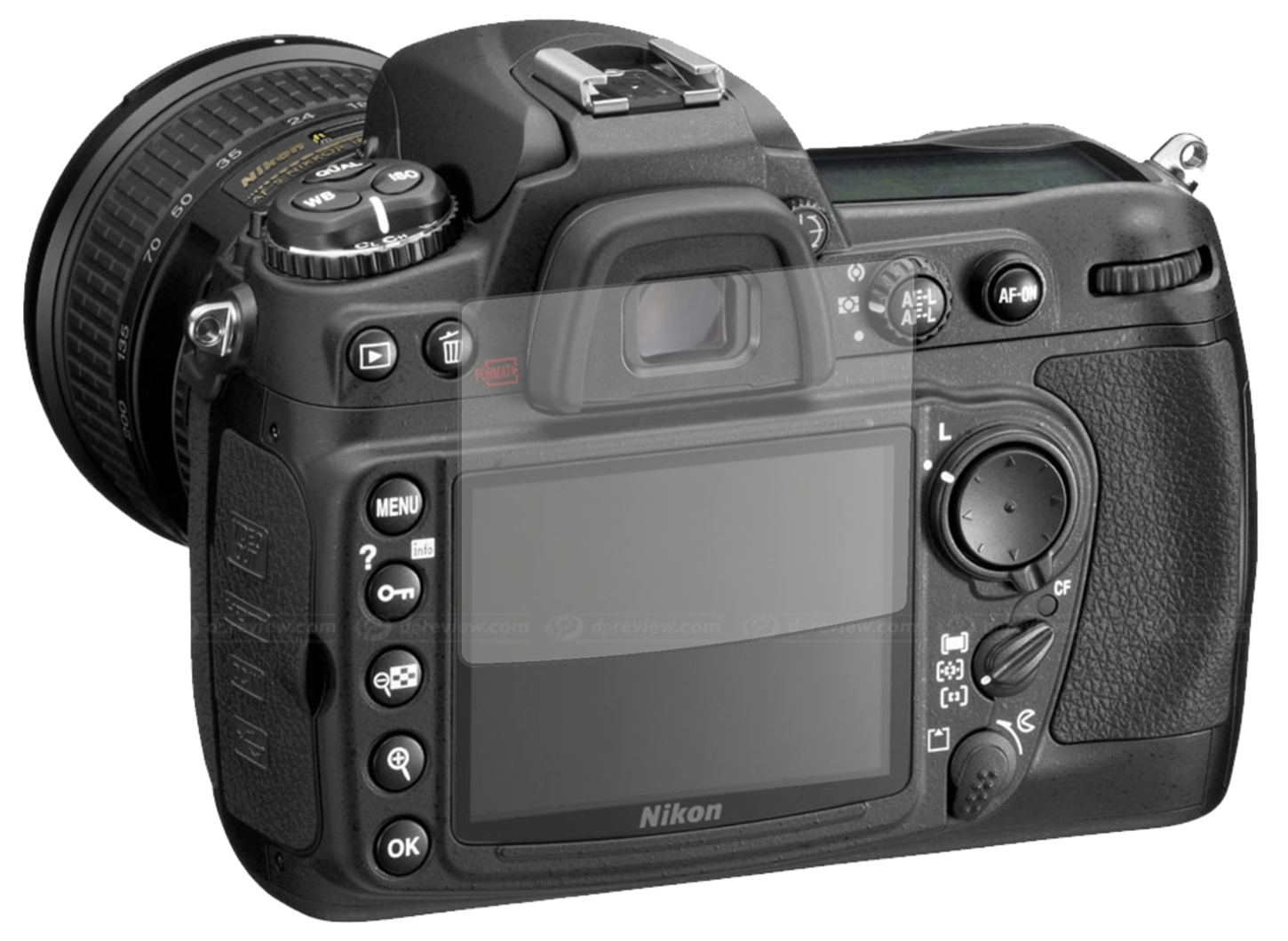 NikonD300 mit aufgebrachter dipos Displayschutzfolie, die lästige Fingerabdrücke minimiert