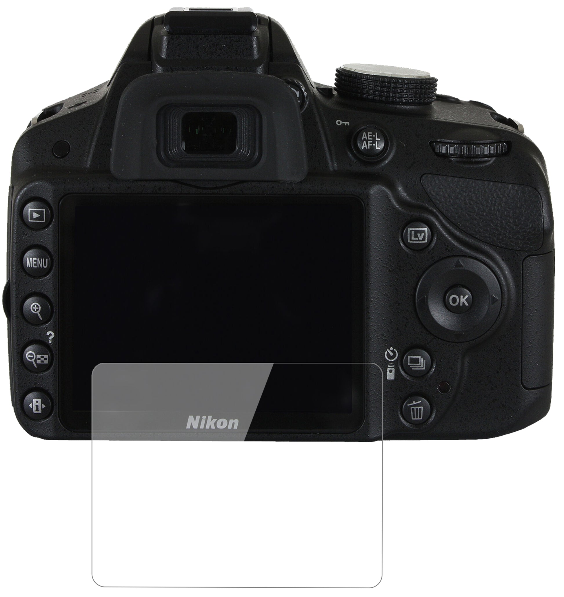 NikonD3200 mit aufgebrachter dipos Flex Schutzfolie, glasklare Darstellung ohne Einschränkungen