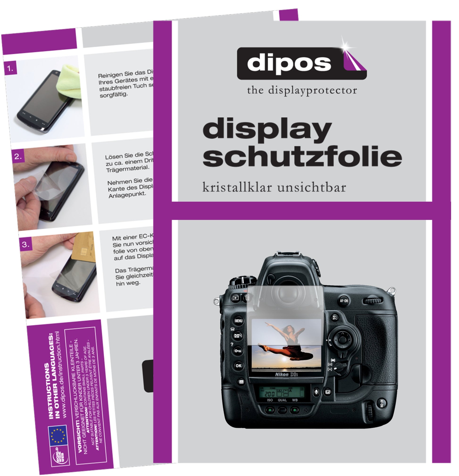 Klare Displayschutzfolie von dipos passend für Nikon D3S, präziser Zuschnitt und blasenfrei montiert