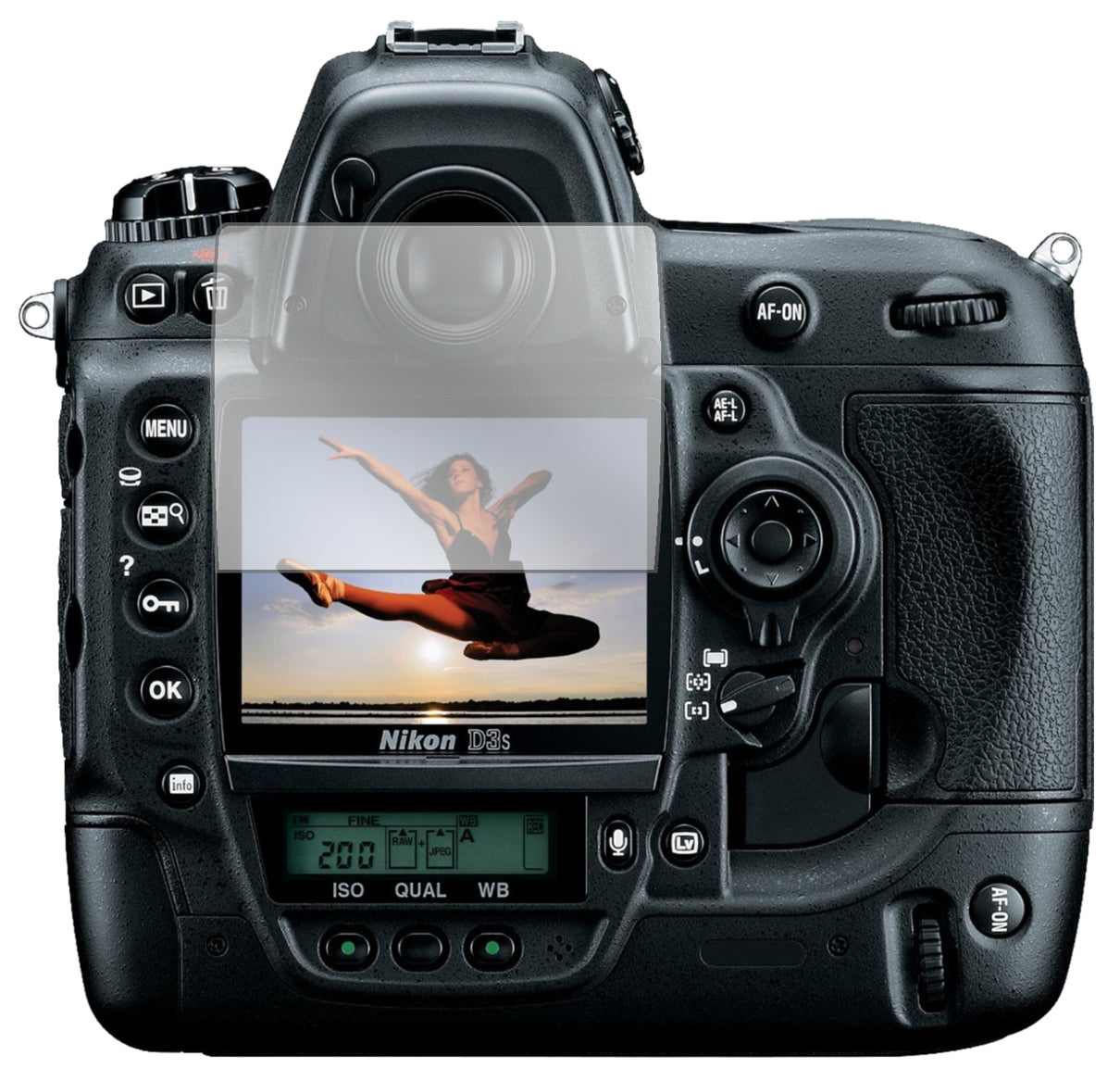 NikonD3S mit aufgebrachter dipos Displayschutzfolie, glasklare Darstellung ohne Einschränkungen