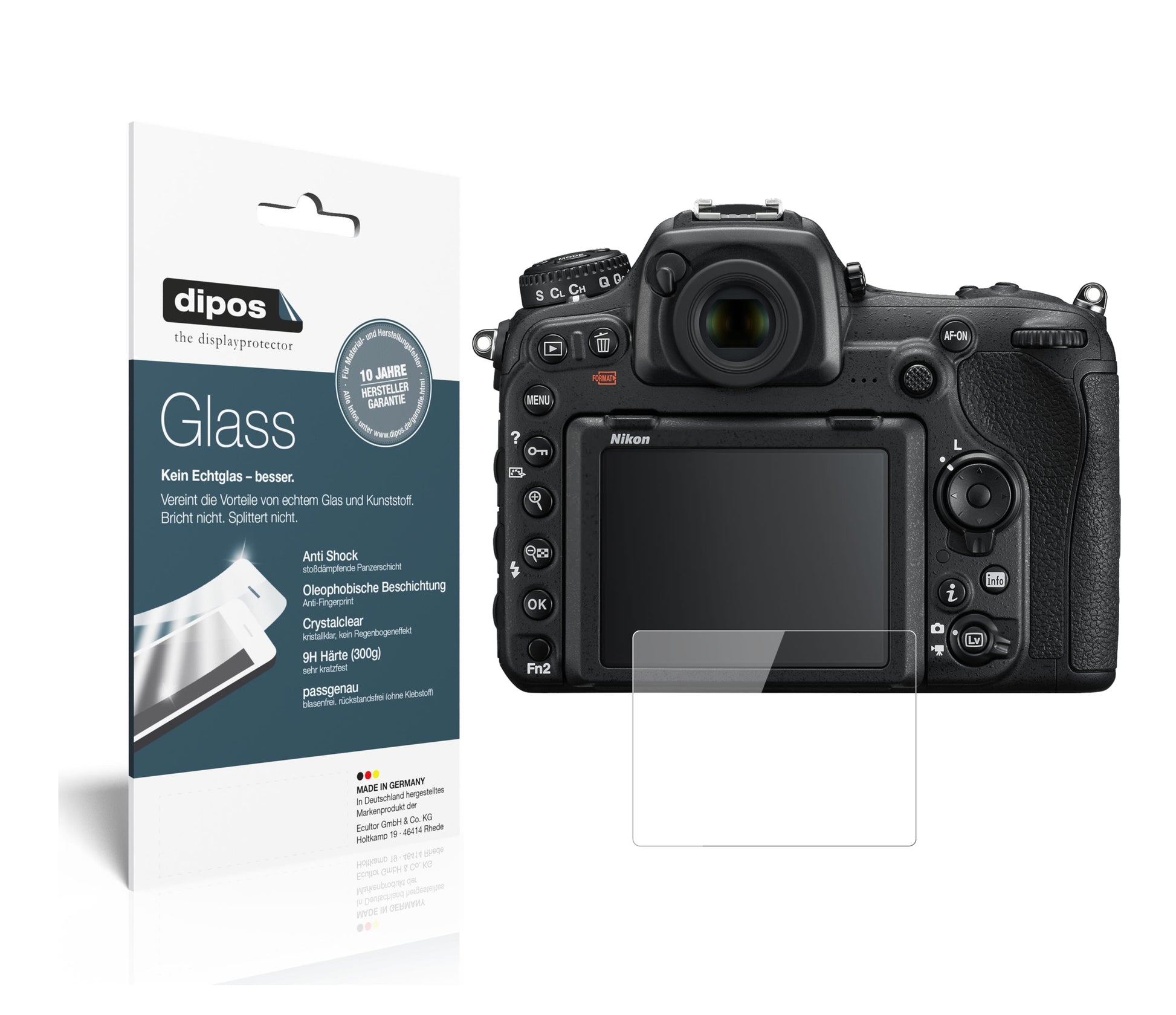 Klare Displayschutzfolie von dipos passend für Nikon D500, 9H kratzfest und blasenfrei montiert