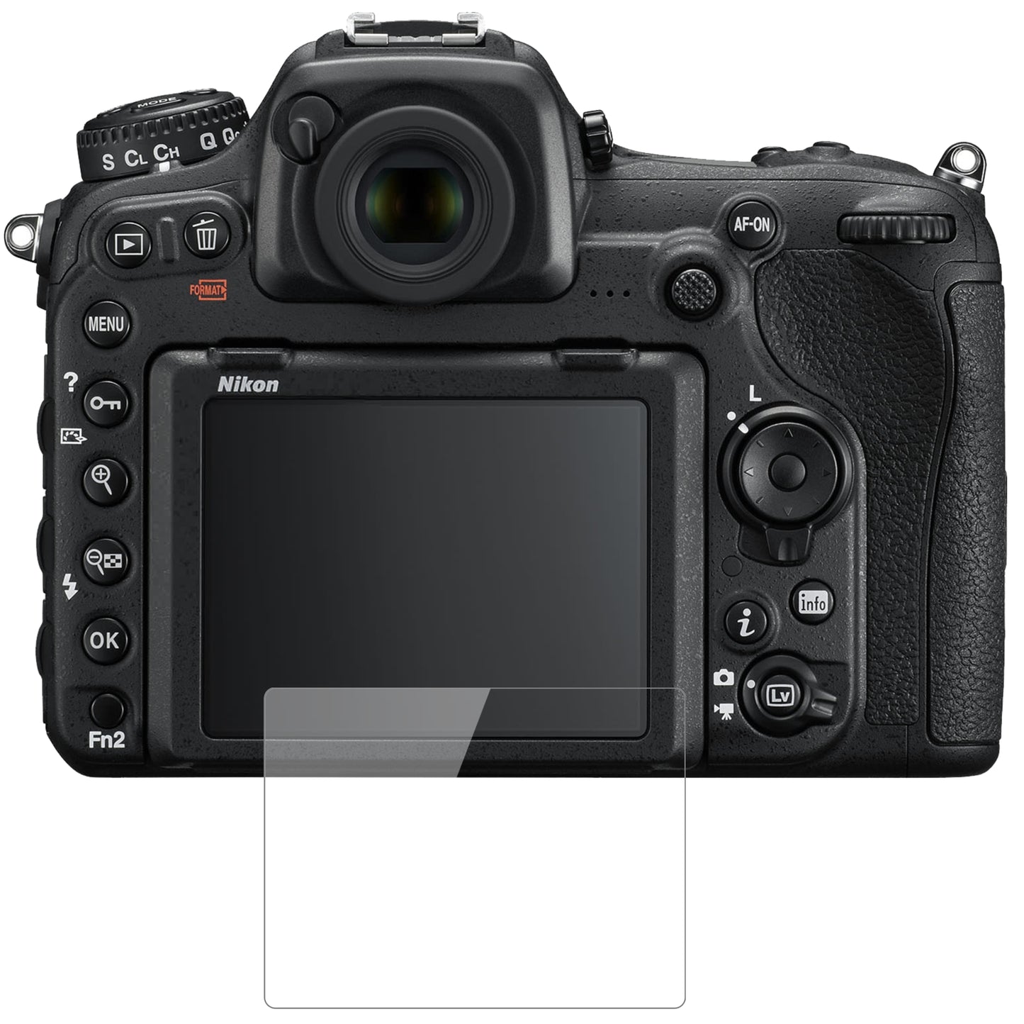 NikonD500 mit aufgebrachter dipos Flex Schutzfolie, glasklare Darstellung ohne Einschränkungen