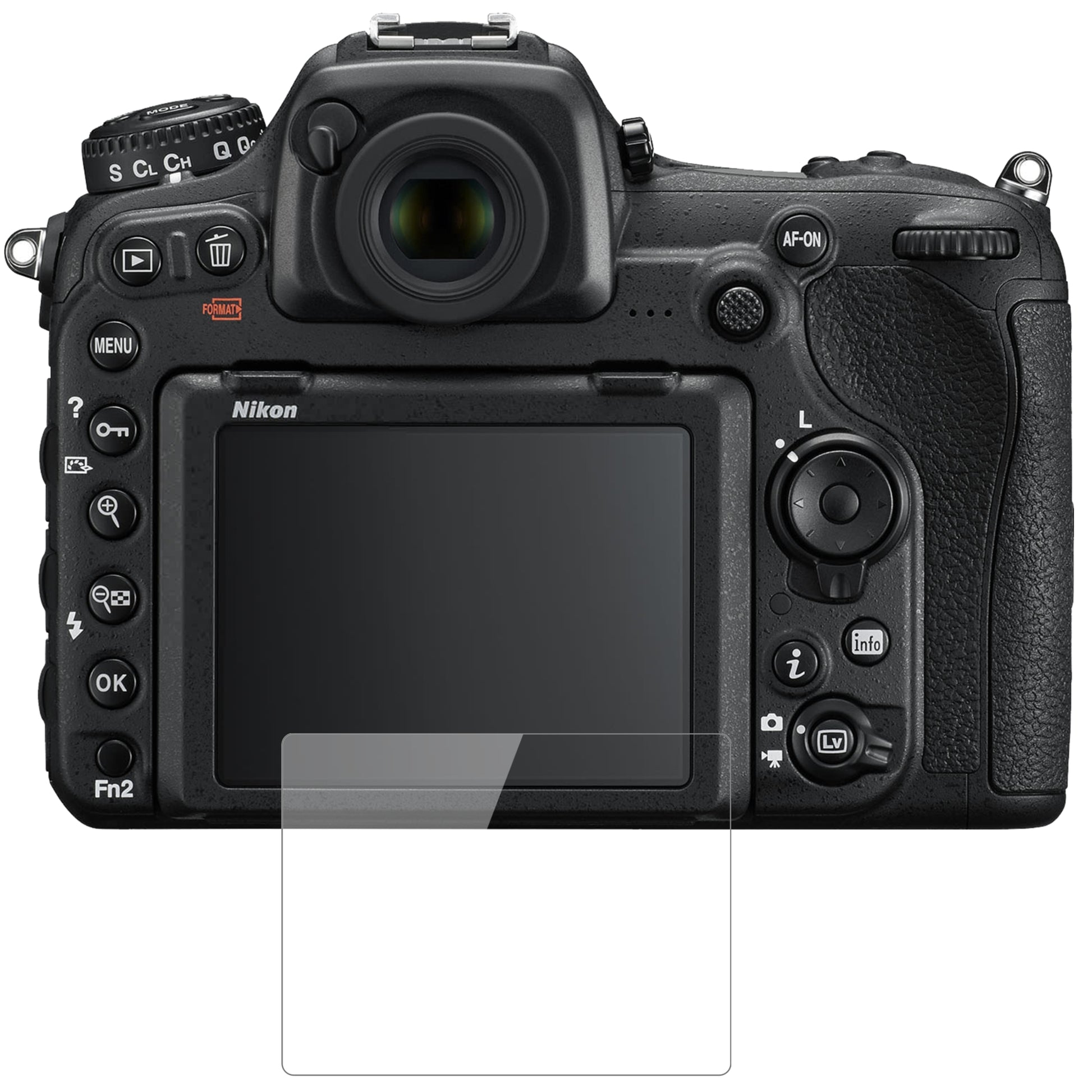 NikonD500 mit aufgebrachter dipos Flex Schutzfolie, glasklare Darstellung ohne Einschränkungen