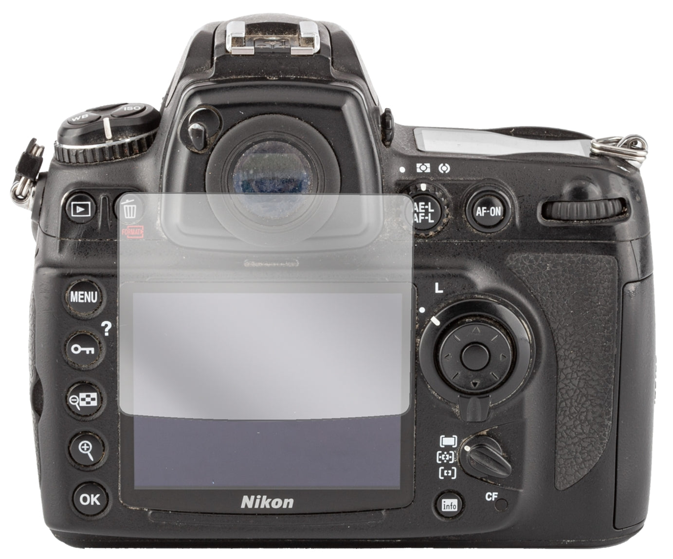 NikonD700 mit aufgebrachter dipos Displayschutzfolie, glasklare Darstellung ohne Einschränkungen