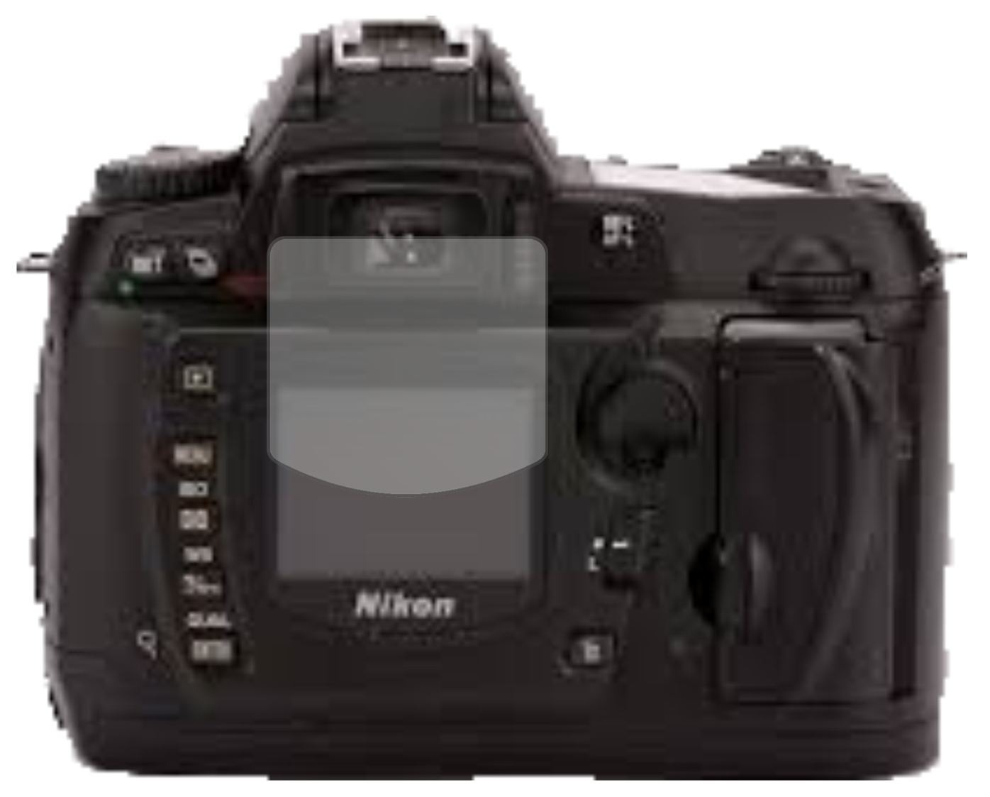 NikonD70s mit aufgebrachter dipos Displayschutzfolie, die lästige Fingerabdrücke minimiert
