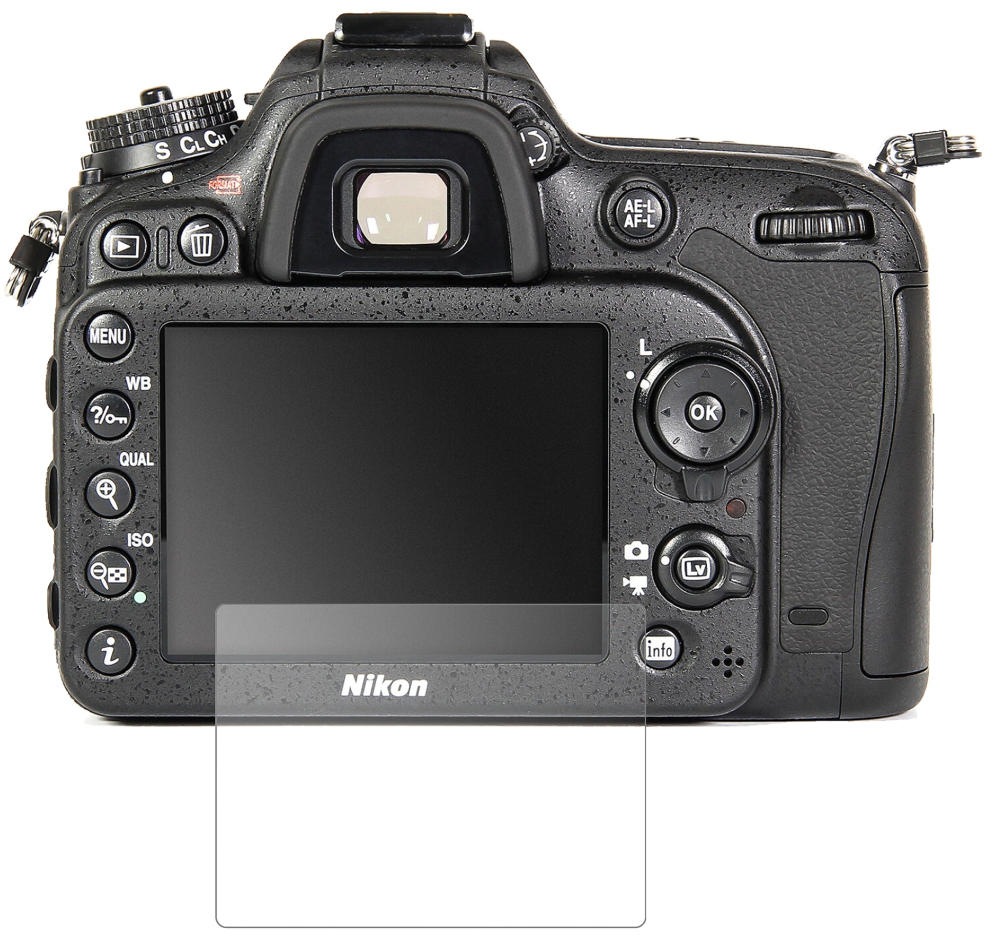 NikonD7100 mit aufgebrachter dipos Panzerfolie, die lästige Fingerabdrücke minimiert